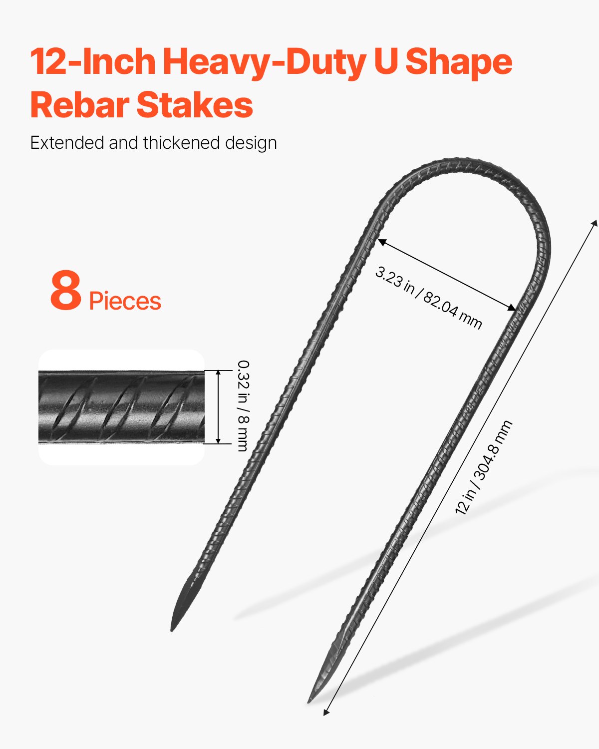 VEVOR 12-Inch 8 Pack Rebar Stakes 304,8x82,04 mm Heavy Duty U Shape Galvanized Ground Anchors