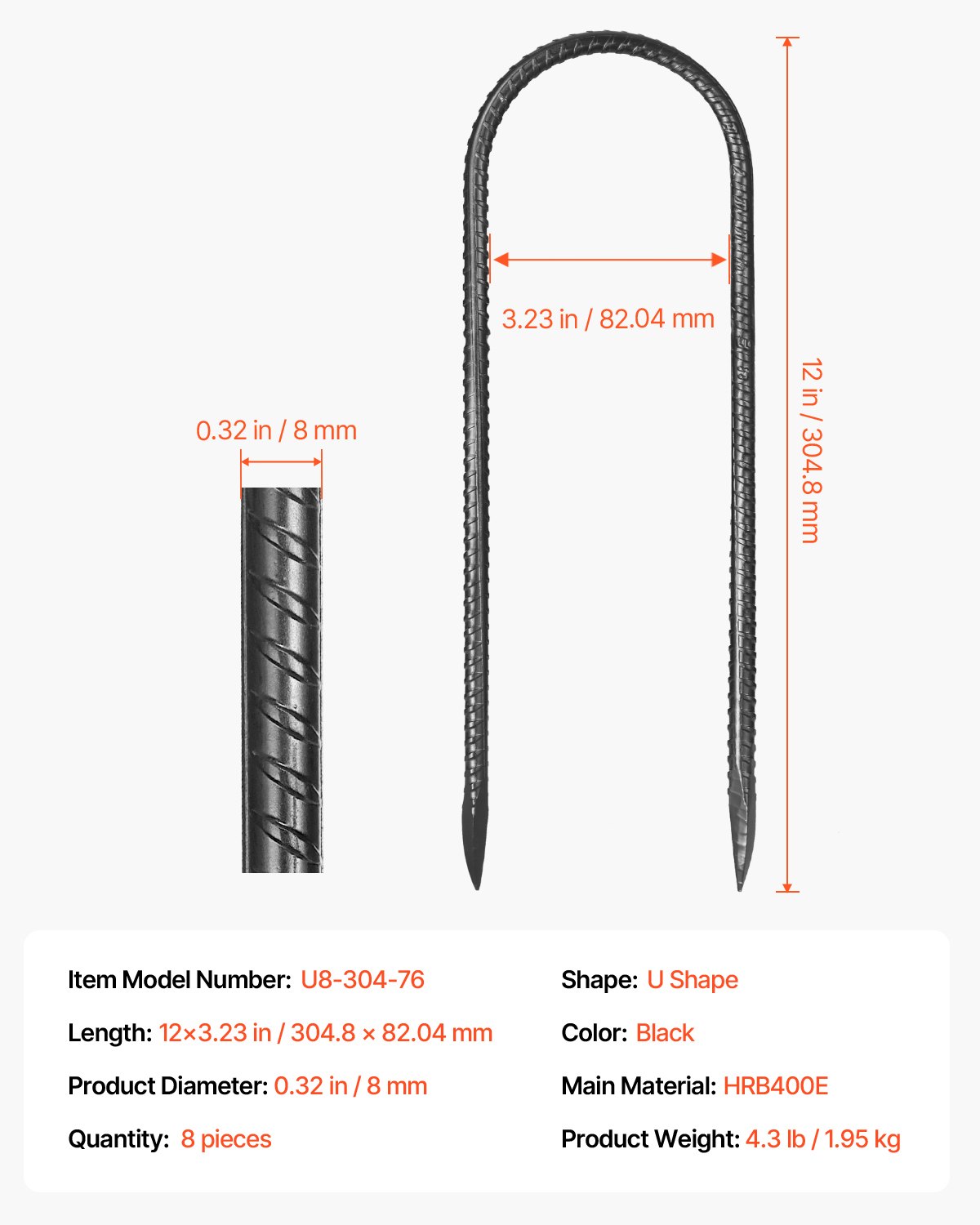 VEVOR 12-Inch 8 Pack Rebar Stakes 304,8x82,04 mm Heavy Duty U Shape Galvanized Ground Anchors