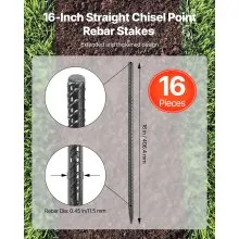 16-Inch 16 Pack Rebar Stakes Heavy Duty Straight Galvanized Steel Ground Anchors