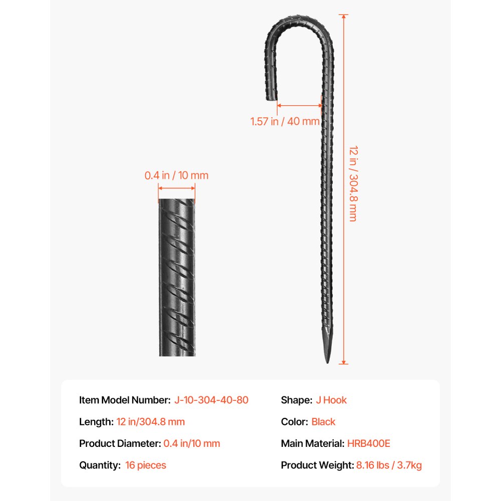 VEVOR 304,8 mm / 12-Inch 16 Pack Rebar Stakes Heavy Duty J Hook Galvanized Ground Anchors