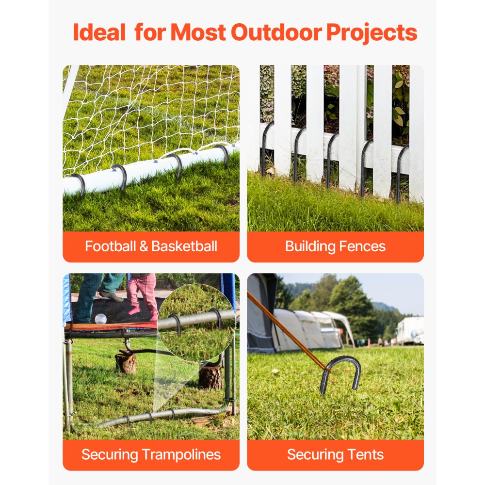 VEVOR Rebar Stakes, 406.4 mm, Heavy-Duty 10 mm Diameter J Hook, Galvanized Steel Ground Anchors with Chisel Point End & Rust-Resistant Coating, for Gardening Support, Fence, Camping Tents (24-Pack)