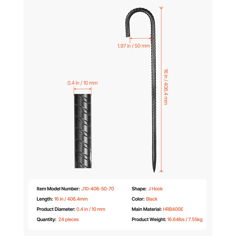 VEVOR 406,4 mm / 16-Inch 24 Pack Rebar Stakes Heavy Duty J Hook Galvanized Ground Anchors