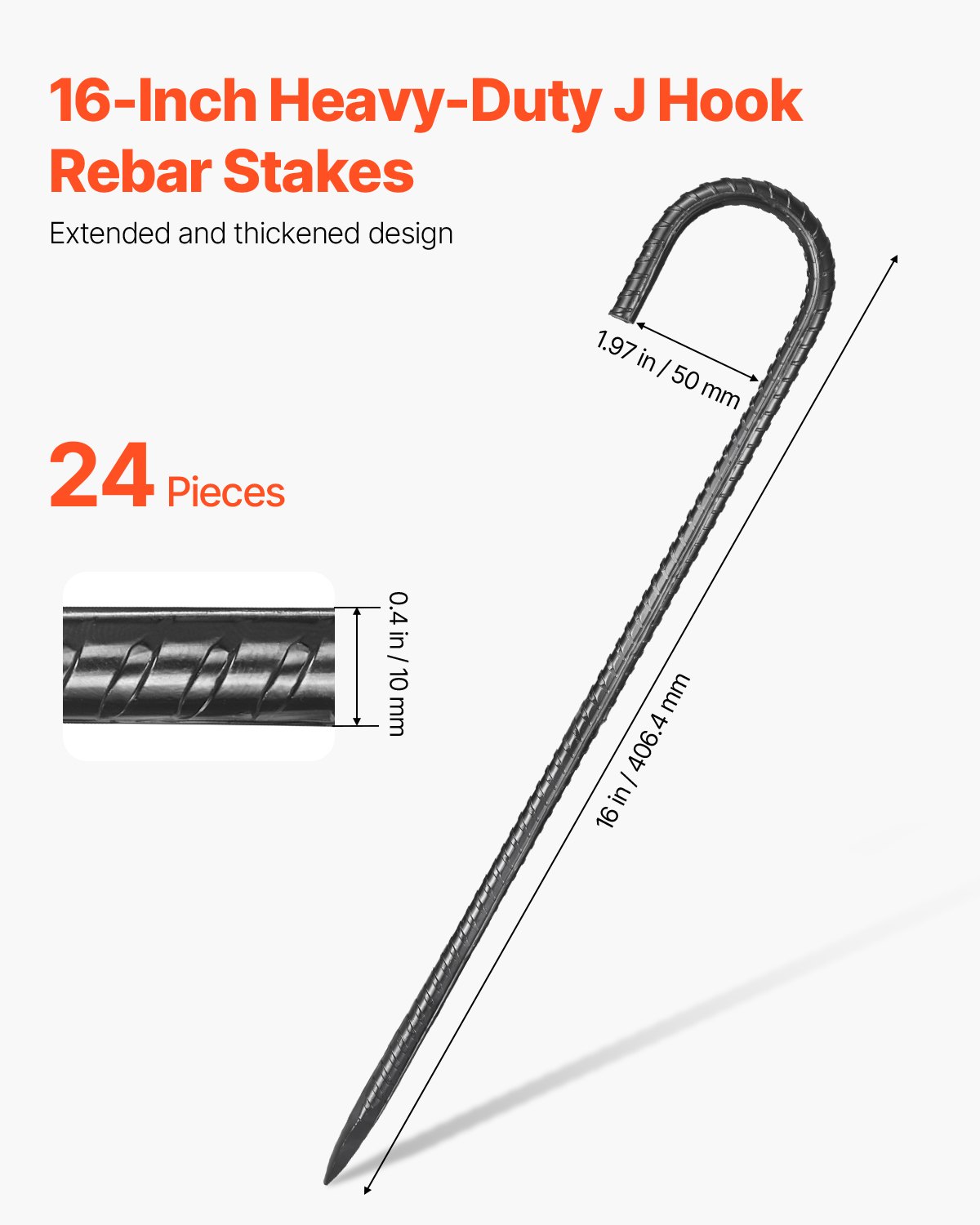 VEVOR Rebar Stakes, 406.4 mm, Heavy-Duty 10 mm Diameter J Hook, Galvanized Steel Ground Anchors with Chisel Point End & Rust-Resistant Coating, for Gardening Support, Fence, Camping Tents (24-Pack)