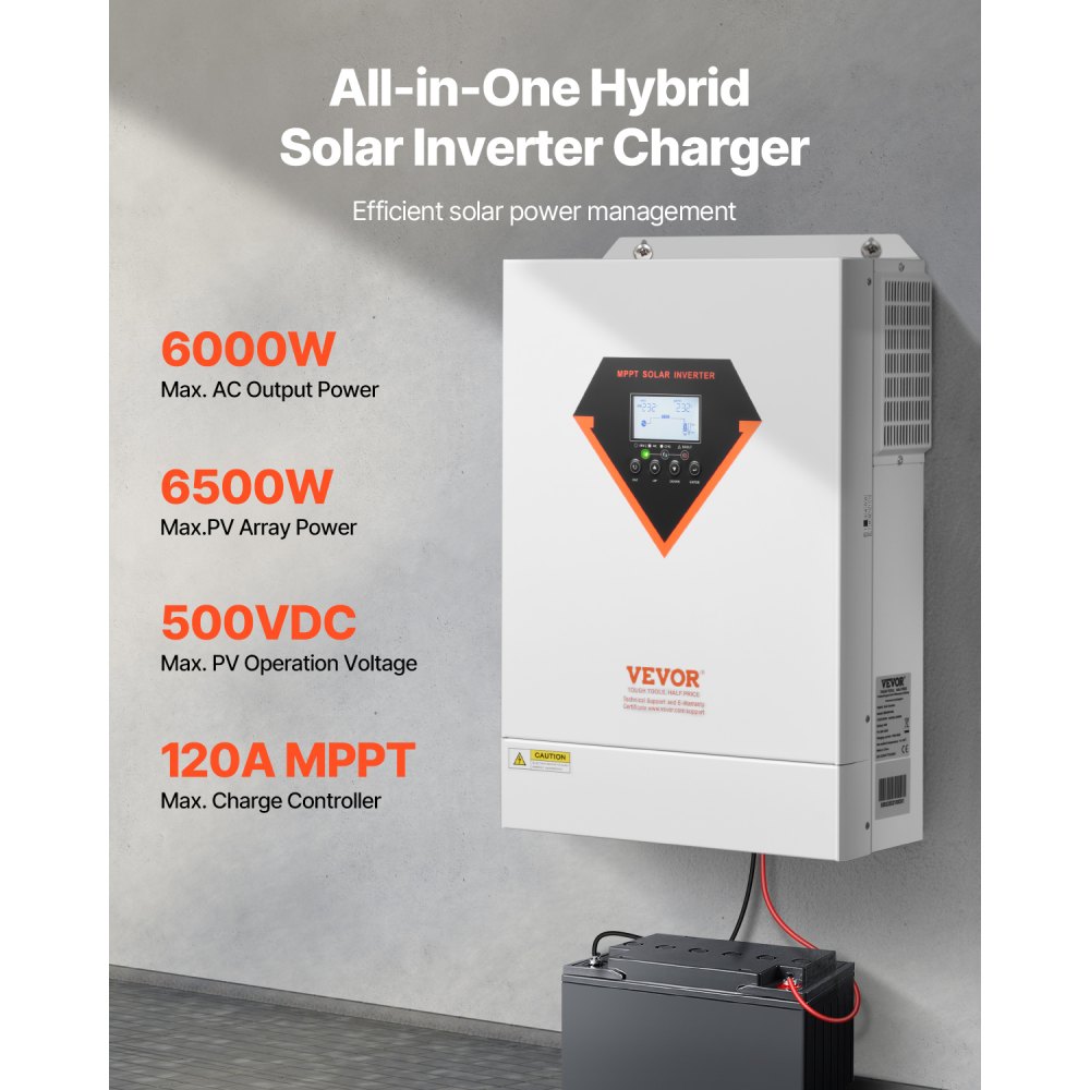 VEVOR Hybrid Solar Inverter, 6000W, All in One Pure Sine Wave Power Inverter Charger, 48V DC to Single-Phase 220/230V AC, with 120A MPPT Solar Controller, for Off-Grid System Lead Acid Lithium Battery