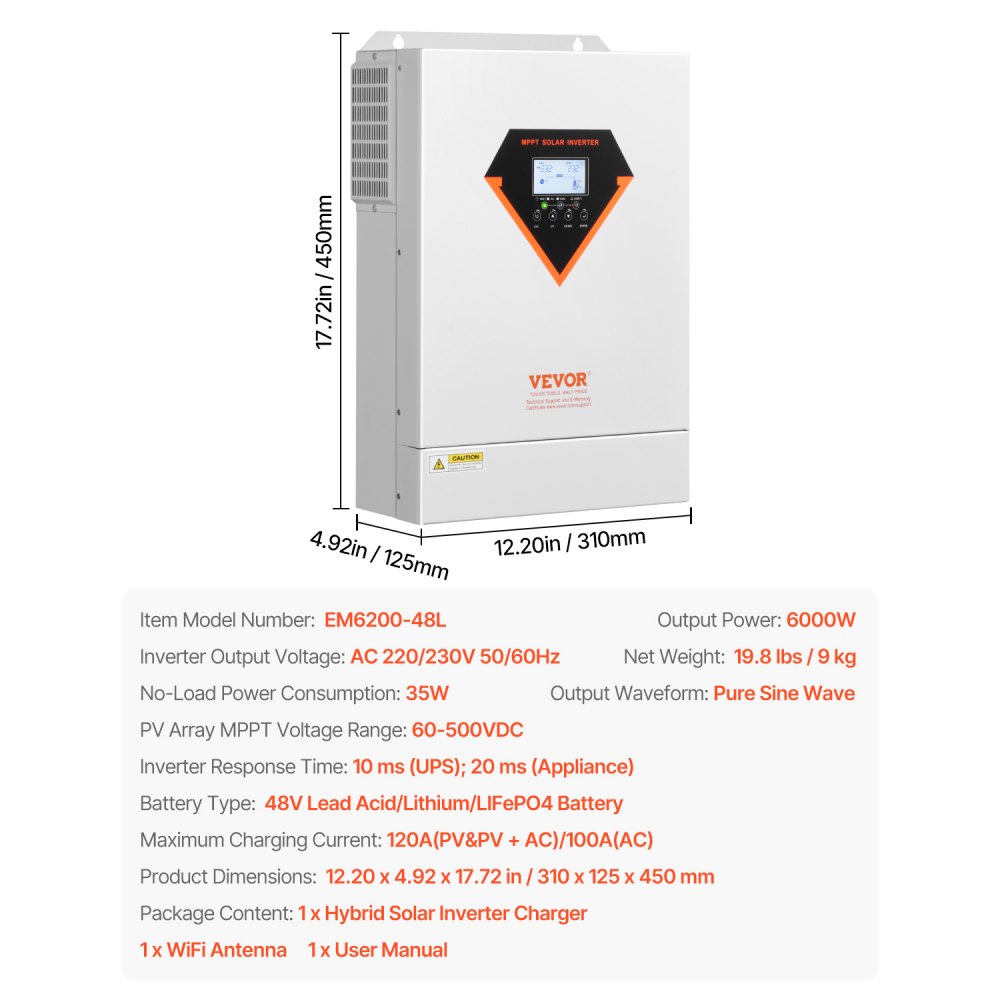 VEVOR Hybrid Solar Inverter, 6000W, All in One Pure Sine Wave Power Inverter Charger, 48V DC to Single-Phase 220/230V AC, with 120A MPPT Solar Controller, for Off-Grid System Lead Acid Lithium Battery
