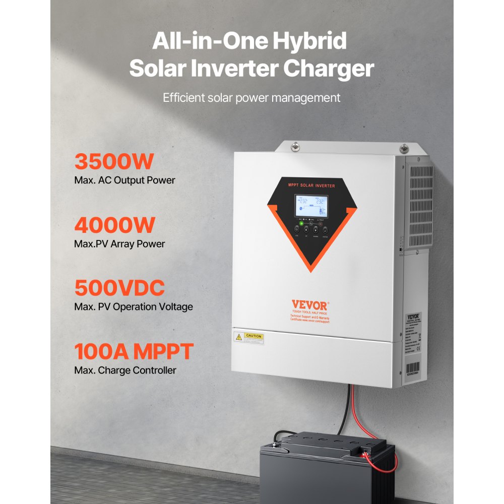 VEVOR Hybrid Solar Inverter, 3500W, All in One Pure Sine Wave Power Inverter Charger, 24V DC to Single-Phase 220/230V AC, with 100A MPPT Solar Controller, for Off-Grid System Lead Acid Lithium Battery