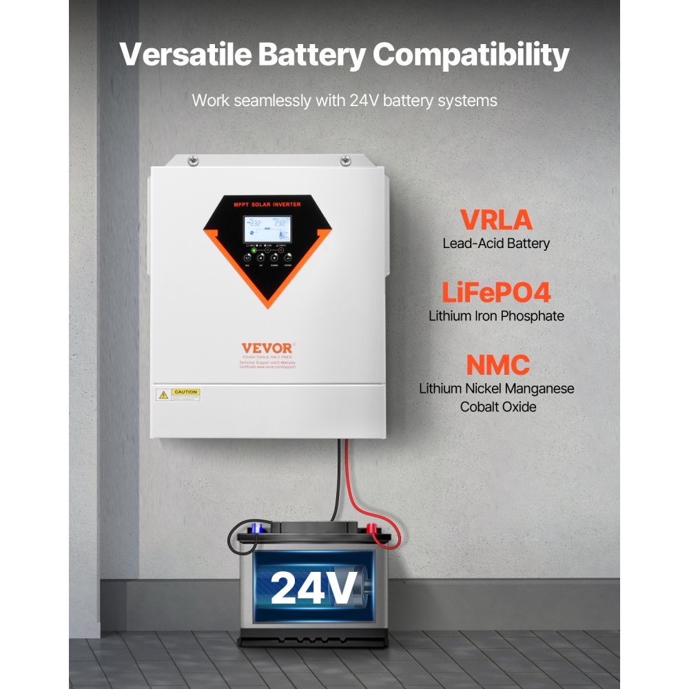 VEVOR Hybrid Solar Inverter, 3500W, All in One Pure Sine Wave Power Inverter Charger, 24V DC to Single-Phase 220/230V AC, with 100A MPPT Solar Controller, for Off-Grid System Lead Acid Lithium Battery