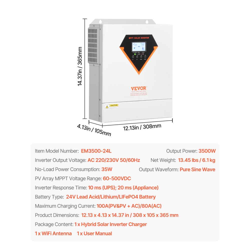 VEVOR Hybrid Solar Inverter, 3500W, All in One Pure Sine Wave Power Inverter Charger, 24V DC to Single-Phase 220/230V AC, with 100A MPPT Solar Controller, for Off-Grid System Lead Acid Lithium Battery