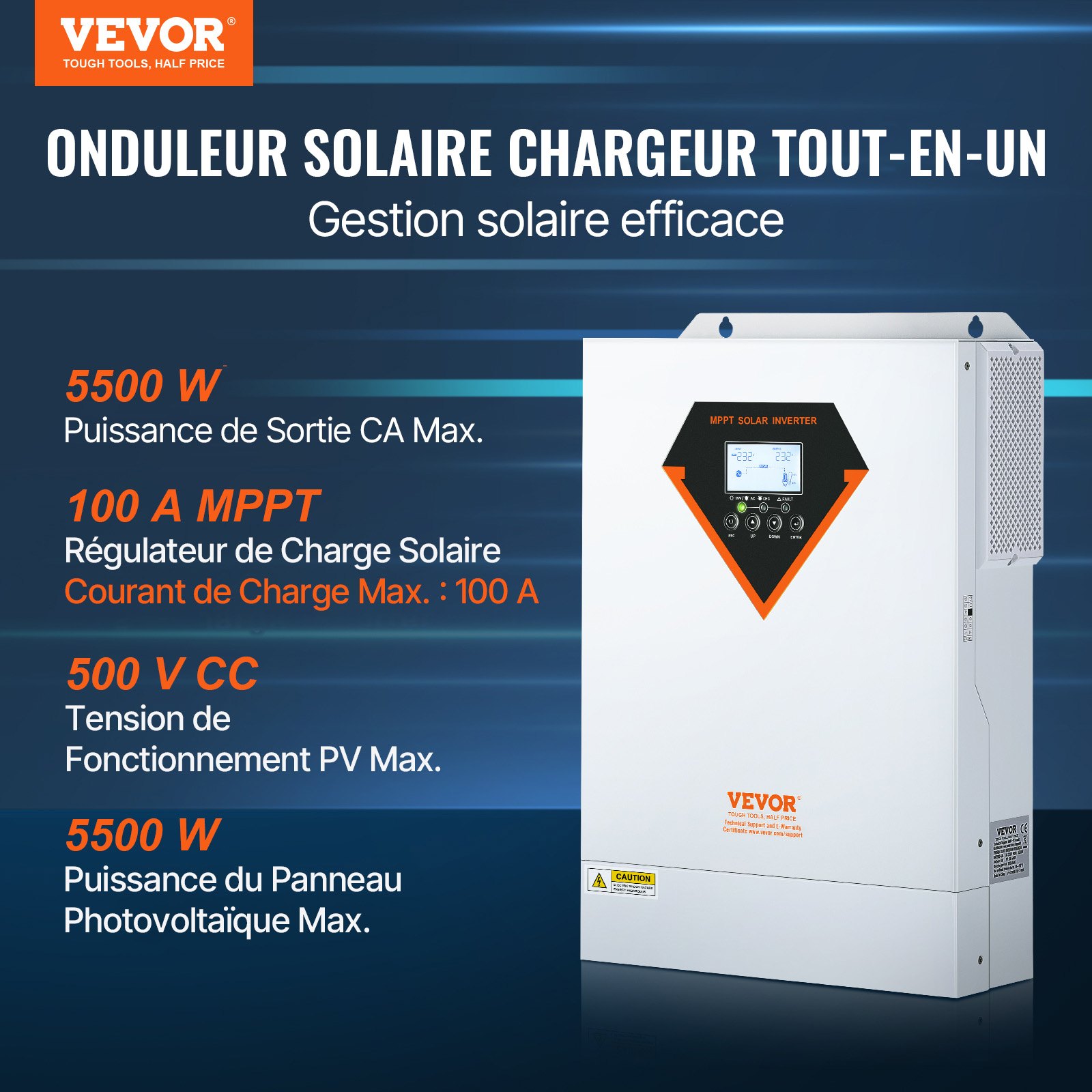 VEVOR Hybrid Solar Inverter, 5500W, Pure Sine Wave Off-Grid Inverter Charger, 230V AC All in One Power Inverter with Build-in 100A MPPT Solar Charge Controller, Support Solar Utility Hybrid Charging