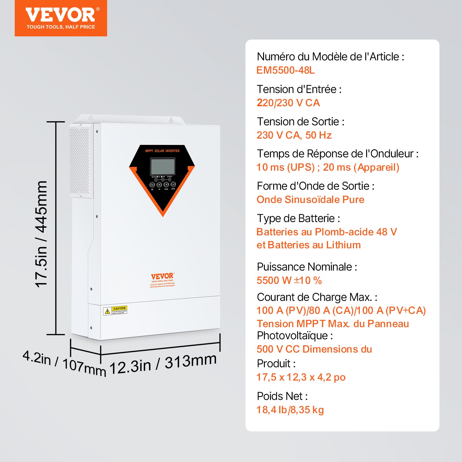 VEVOR Hybrid Solar Inverter, 5500W, Pure Sine Wave Off-Grid Inverter Charger, 230V AC All in One Power Inverter with Build-in 100A MPPT Solar Charge Controller, Support Solar Utility Hybrid Charging