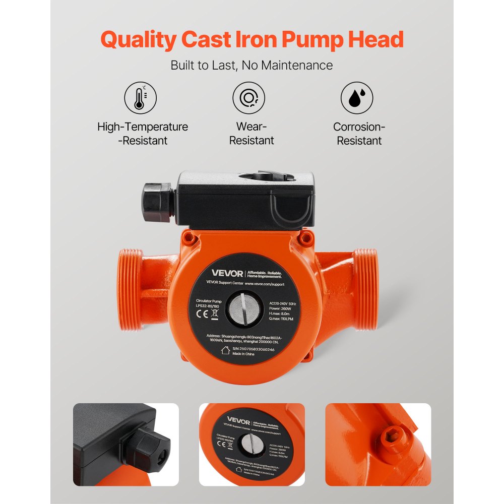 VEVOR LPS32-8S/180 Cast Iron Circulator Pump, 3/8 HP, 220-240V 110 LPM Hot Water Recirculating Circulation Pump, Threaded Connection, 3-Speed Adjustment, Quiet Operation, for Home Heating System, inlet and outlet both 2 inch