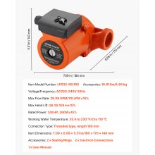 VEVOR LPS32-8S/180 Cast Iron Circulator Pump, 3/8 HP, 220-240V 110 LPM Hot Water Recirculating Circulation Pump, Threaded Connection, 3-Speed Adjustment, Quiet Operation, for Home Heating System