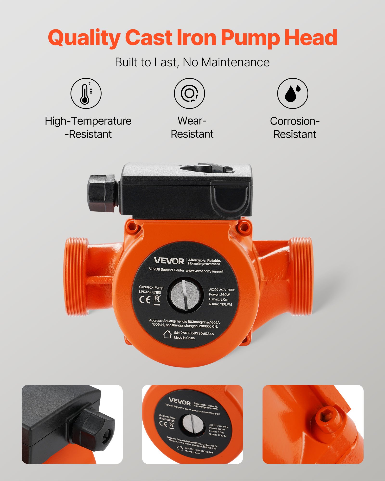 VEVOR LPS32-8S/180 Cast Iron Circulator Pump, 3/8 HP, 220-240V 110 LPM Hot Water Recirculating Circulation Pump, Threaded Connection, 3-Speed Adjustment, Quiet Operation, for Home Heating System, inlet and outlet both 2 inch