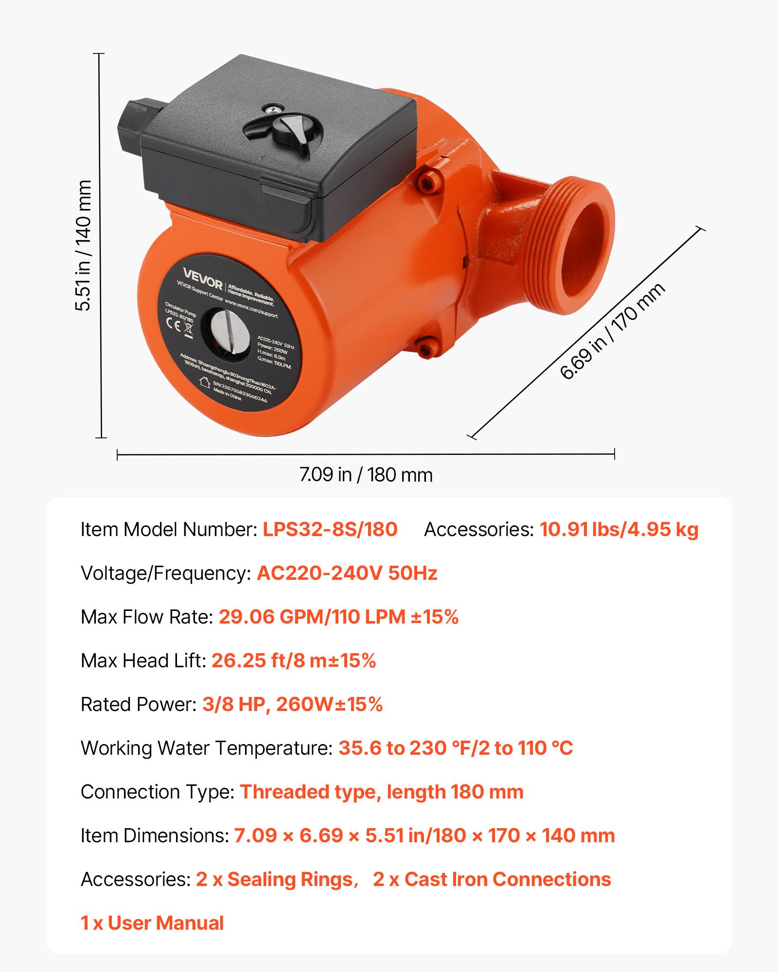 VEVOR LPS32-8S/180 Cast Iron Circulator Pump, 3/8 HP, 220-240V 110 LPM Hot Water Recirculating Circulation Pump, Threaded Connection, 3-Speed Adjustment, Quiet Operation, for Home Heating System, inlet and outlet both 2 inch