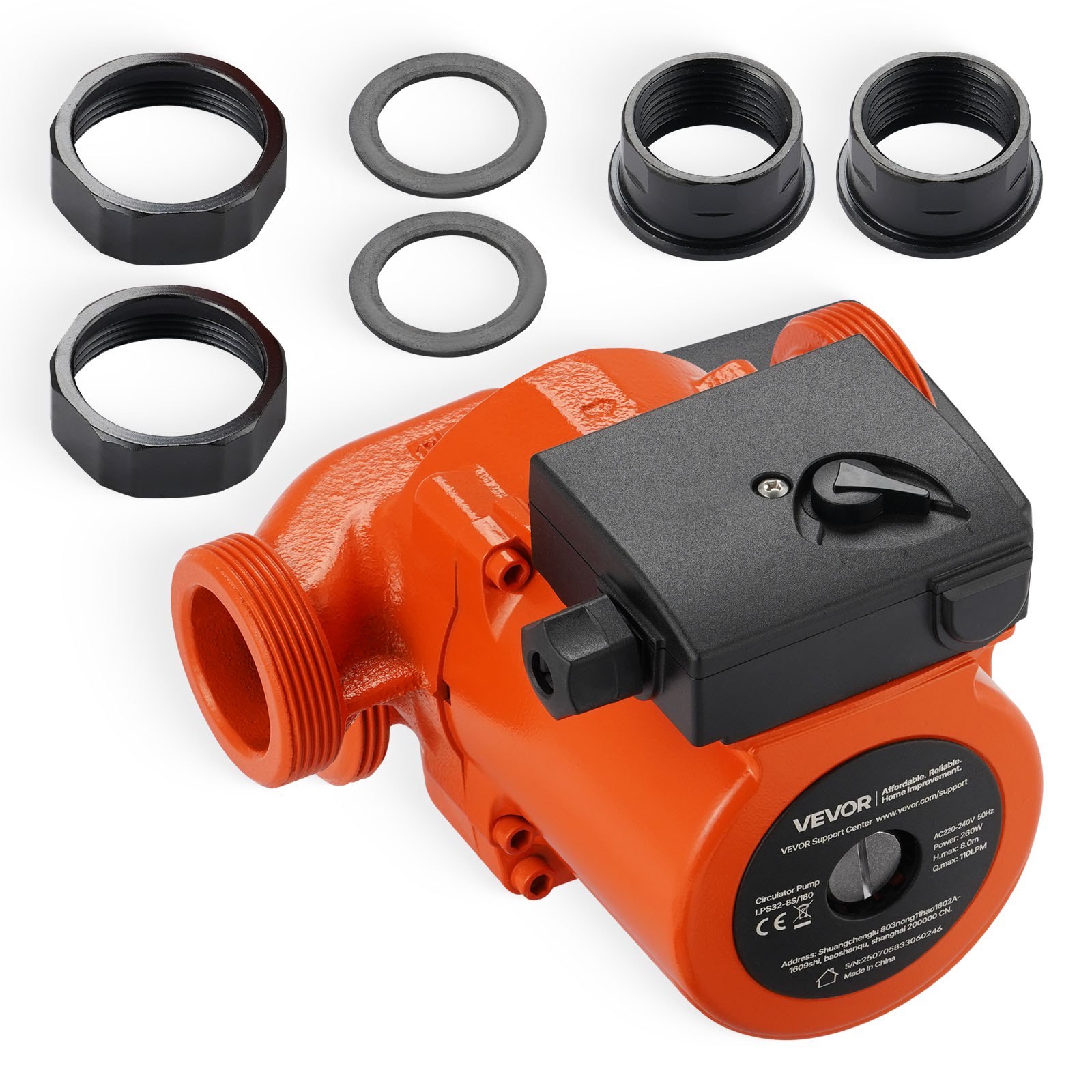 VEVOR LPS32-8S/180 Cast Iron Circulator Pump, 3/8 HP, 220-240V 110 LPM Hot Water Recirculating Circulation Pump, Threaded Connection, 3-Speed Adjustment, Quiet Operation, for Home Heating System, inlet and outlet both 2 inch