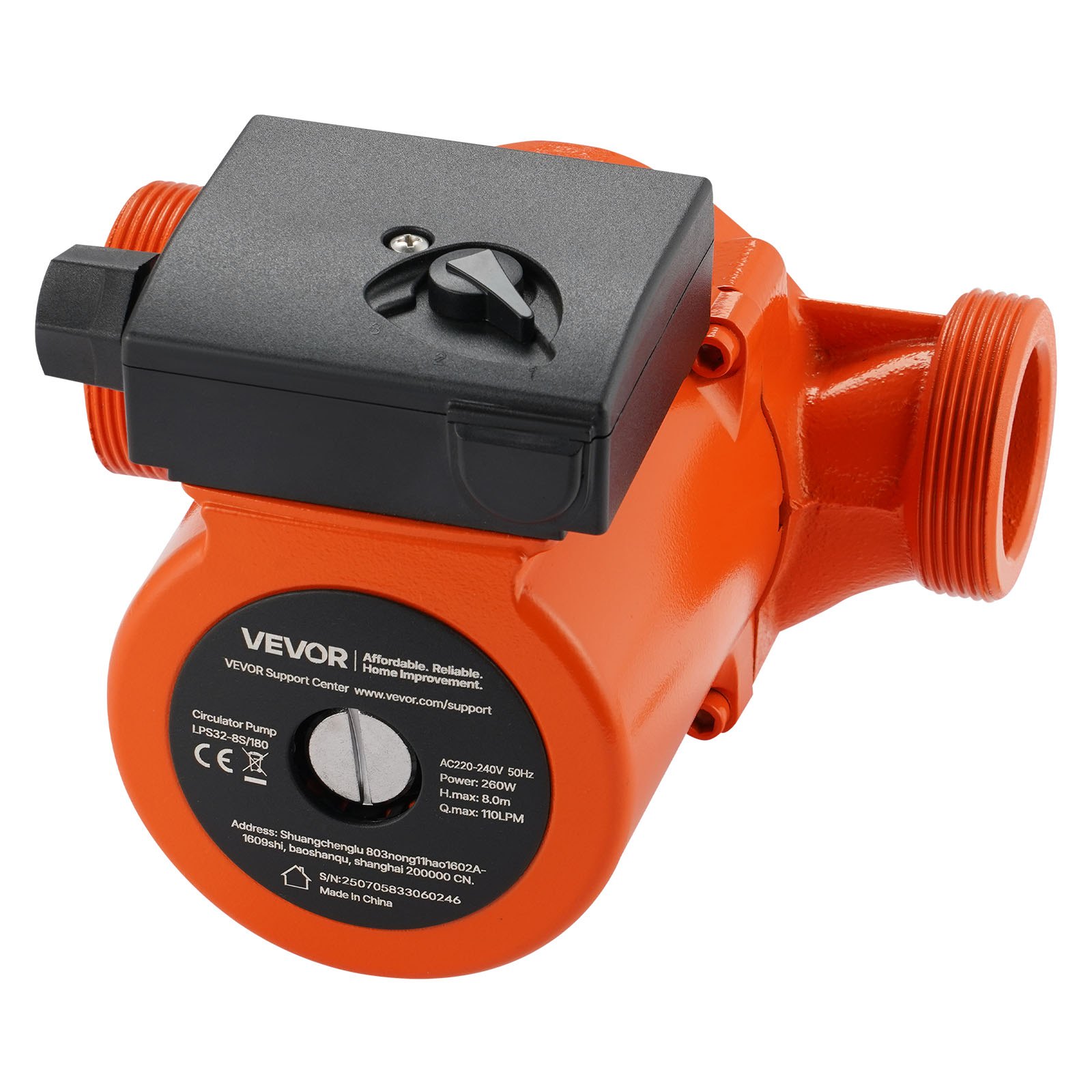 VEVOR LPS32-8S/180 Cast Iron Circulator Pump, 3/8 HP, 220-240V 110 LPM Hot Water Recirculating Circulation Pump, Threaded Connection, 3-Speed Adjustment, Quiet Operation, for Home Heating System, inlet and outlet both 2 inch