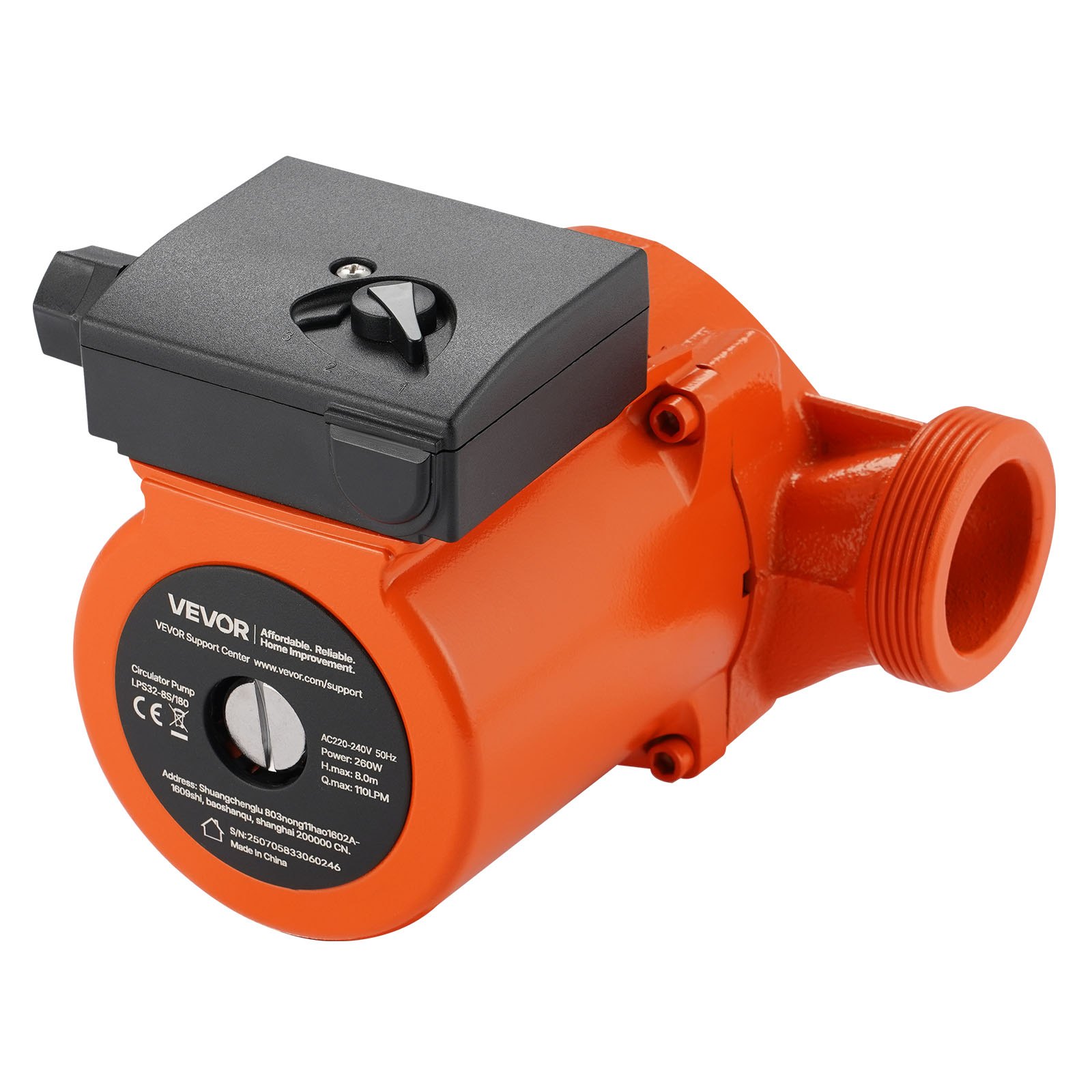 VEVOR LPS32-8S/180 Cast Iron Circulator Pump, 3/8 HP, 220-240V 110 LPM Hot Water Recirculating Circulation Pump, Threaded Connection, 3-Speed Adjustment, Quiet Operation, for Home Heating System, inlet and outlet both 2 inch