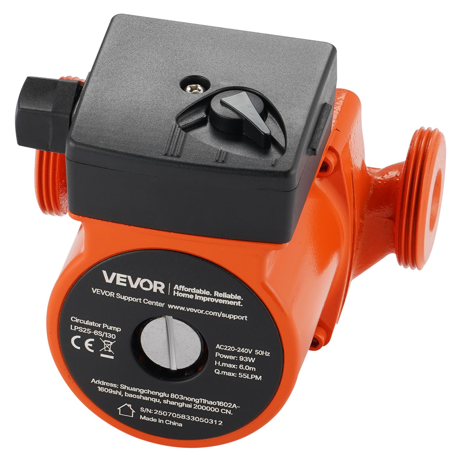 VEVOR LPS25-6S/130 Cast Iron Circulator Pump, 1/8 HP, 220-240V 55 LPM Hot Water Recirculating Circulation Pump, Threaded Connection, 3-Speed Adjustment, Quiet Operation, for Home Heating System