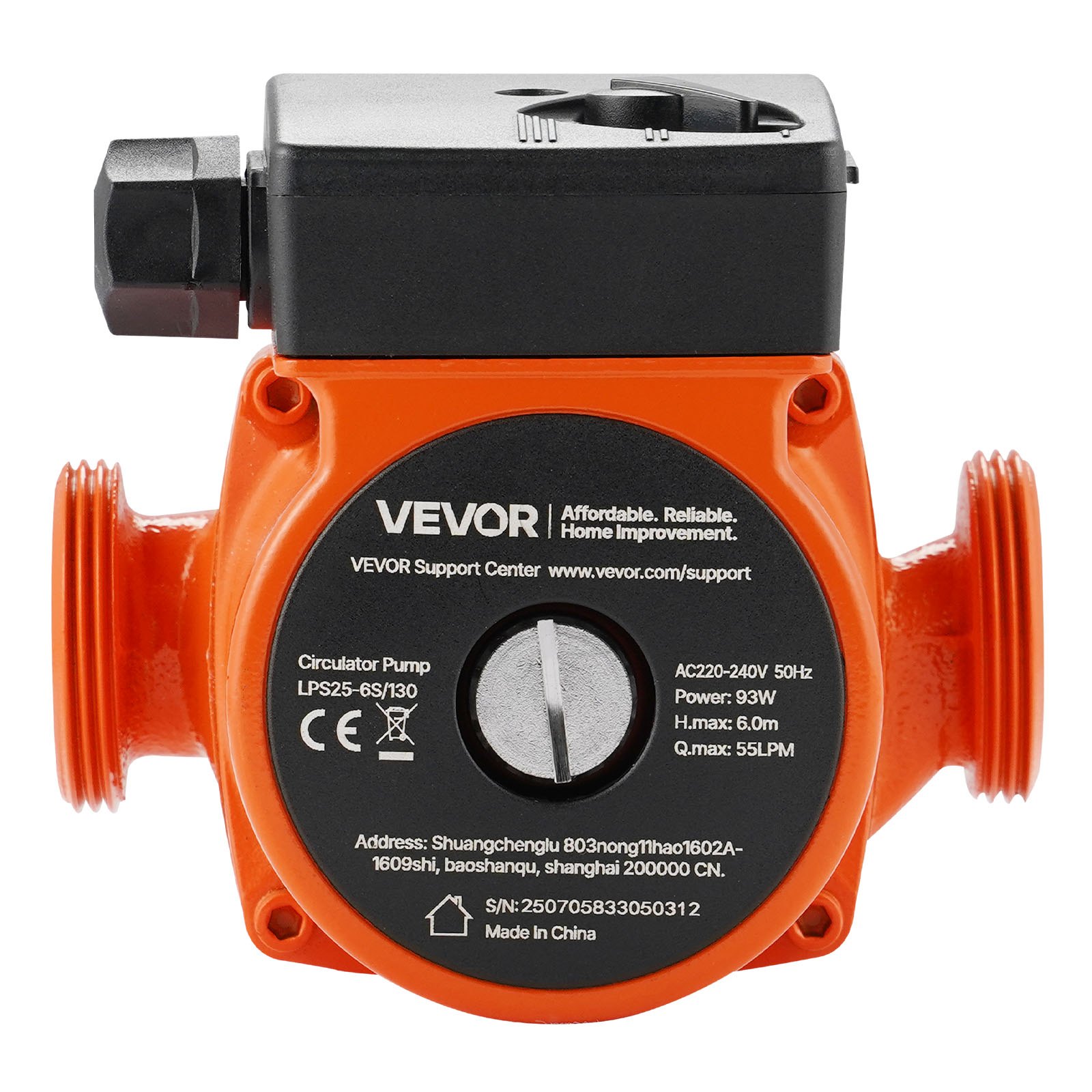 VEVOR LPS25-6S/130 Cast Iron Circulator Pump, 1/8 HP, 220-240V 55 LPM Hot Water Recirculating Circulation Pump, Threaded Connection, 3-Speed Adjustment, Quiet Operation, for Home Heating System