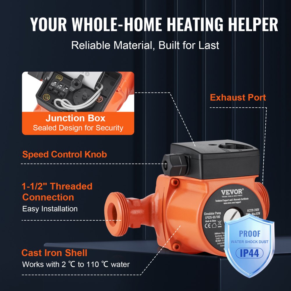 VEVOR LPS25-6S-180 Hot Water Recirculating Pump, 220V, 92W 60LPM Hot Water Circulation Pump, 38 mm(1.5") Threaded NPT 3-Speed Circulator Pump, Quiet Operation Circulator Pump for Home Water Heater System