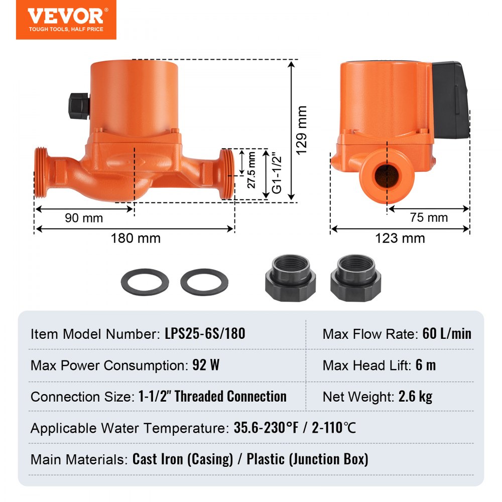 VEVOR LPS25-6S-180 Hot Water Recirculating Pump, 220V, 92W 60LPM Hot Water Circulation Pump, 38 mm(1.5") Threaded NPT 3-Speed Circulator Pump, Quiet Operation Circulator Pump for Home Water Heater System