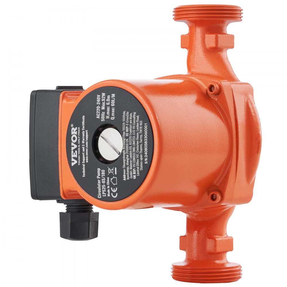 VEVOR LPS25-6S-180 Hot Water Recirculating Pump, 220V, 92W 60LPM Hot Water Circulation Pump, 38 mm(1.5") Threaded NPT 3-Speed Circulator Pump, Quiet Operation Circulator Pump for Home Water Heater System