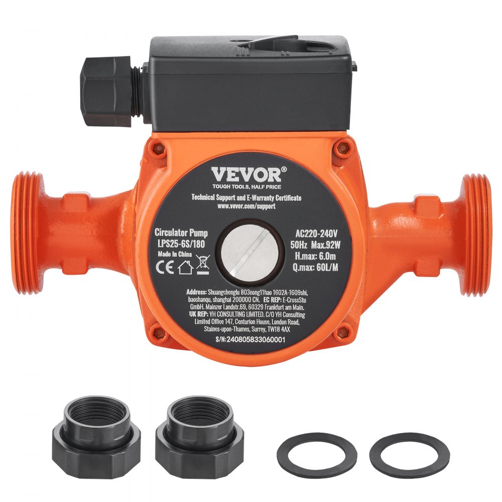 VEVOR LPS25-6S-180 Hot Water Recirculating Pump, 220V, 92W 60LPM Hot Water Circulation Pump, 38 mm(1.5") Threaded NPT 3-Speed Circulator Pump, Quiet Operation Circulator Pump for Home Water Heater System