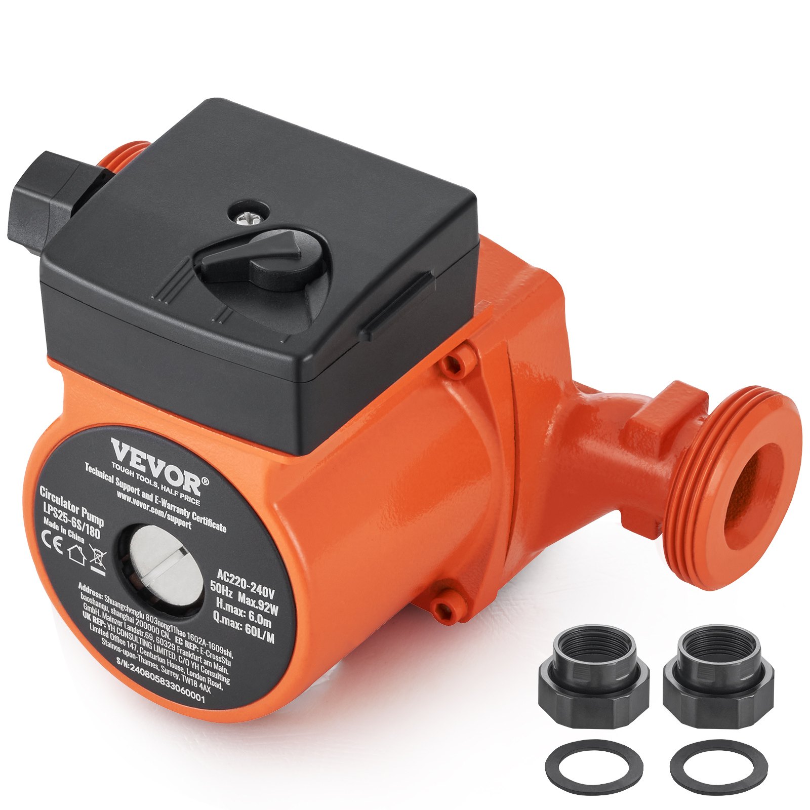 VEVOR LPS25-6S-180 Hot Water Recirculating Pump, 220V, 92W 60LPM Hot Water Circulation Pump, 38 mm(1.5") Threaded NPT 3-Speed Circulator Pump, Quiet Operation Circulator Pump for Home Water Heater System