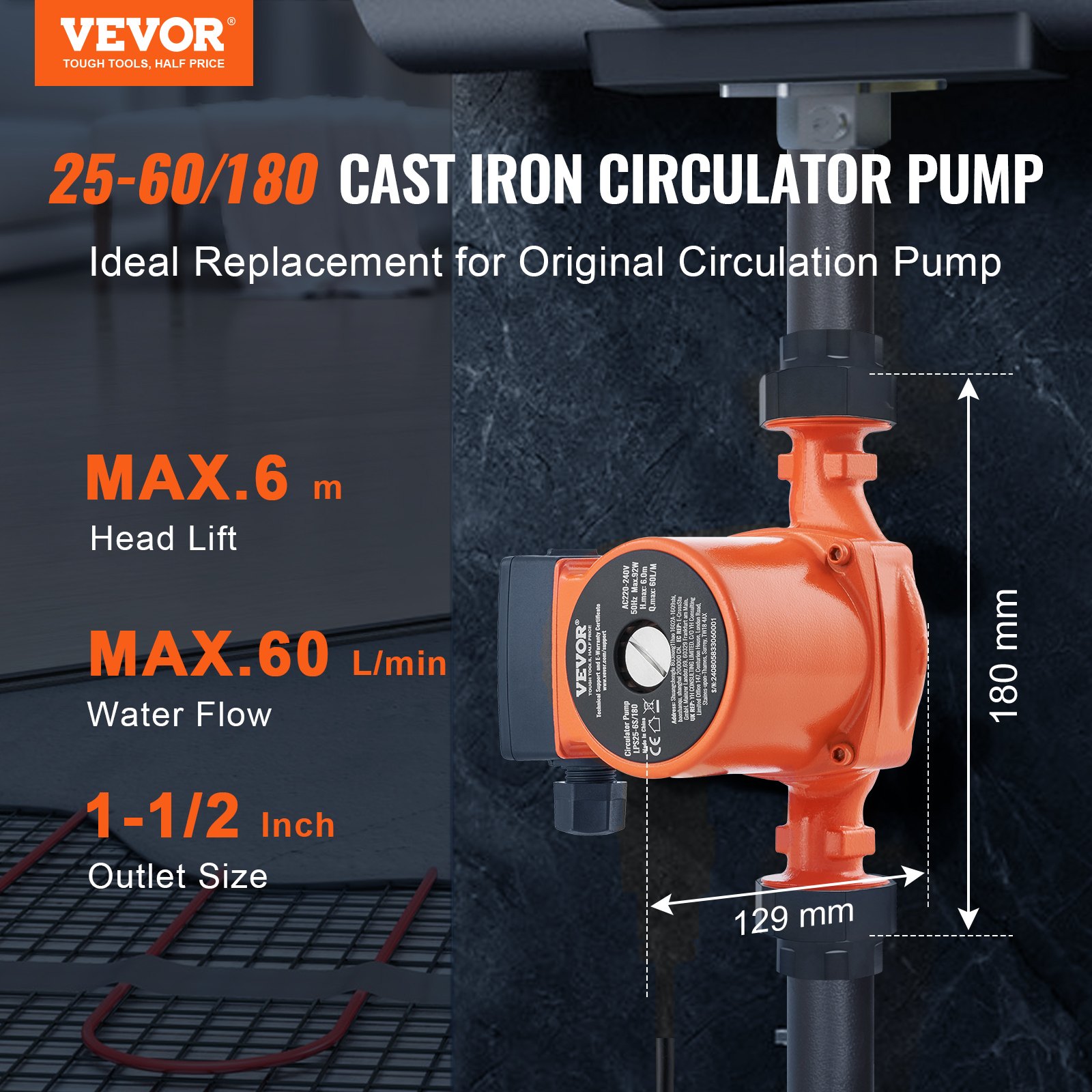 VEVOR LPS25-6S-180 Hot Water Recirculating Pump, 220V, 92W 60LPM Hot Water Circulation Pump, 38 mm(1.5") Threaded NPT 3-Speed Circulator Pump, Quiet Operation Circulator Pump for Home Water Heater System