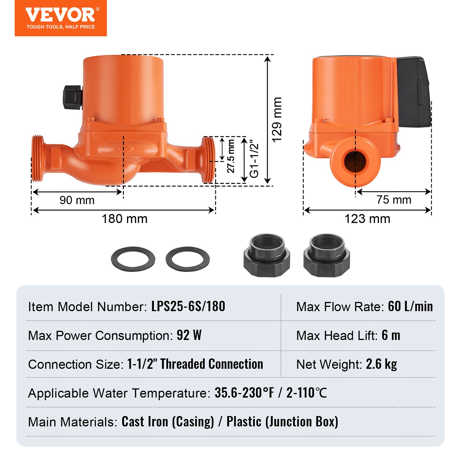 VEVOR LPS25-6S-180 Hot Water Recirculating Pump, 220V, 92W 60LPM Hot Water Circulation Pump, 38 mm(1.5") Threaded NPT 3-Speed Circulator Pump, Quiet Operation Circulator Pump for Home Water Heater System