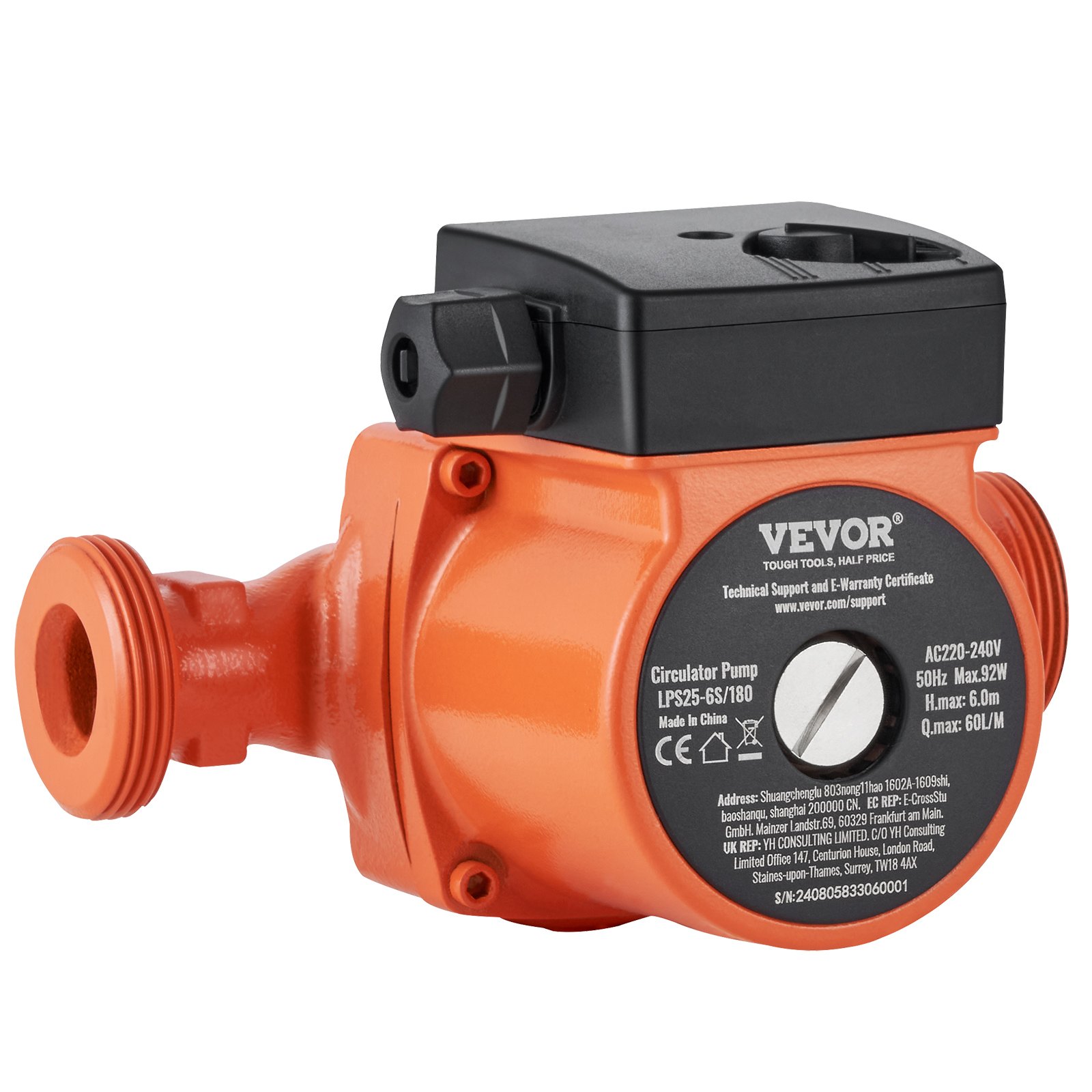 VEVOR LPS25-6S-180 Hot Water Recirculating Pump, 220V, 92W 60LPM Hot Water Circulation Pump, 38 mm(1.5") Threaded NPT 3-Speed Circulator Pump, Quiet Operation Circulator Pump for Home Water Heater System