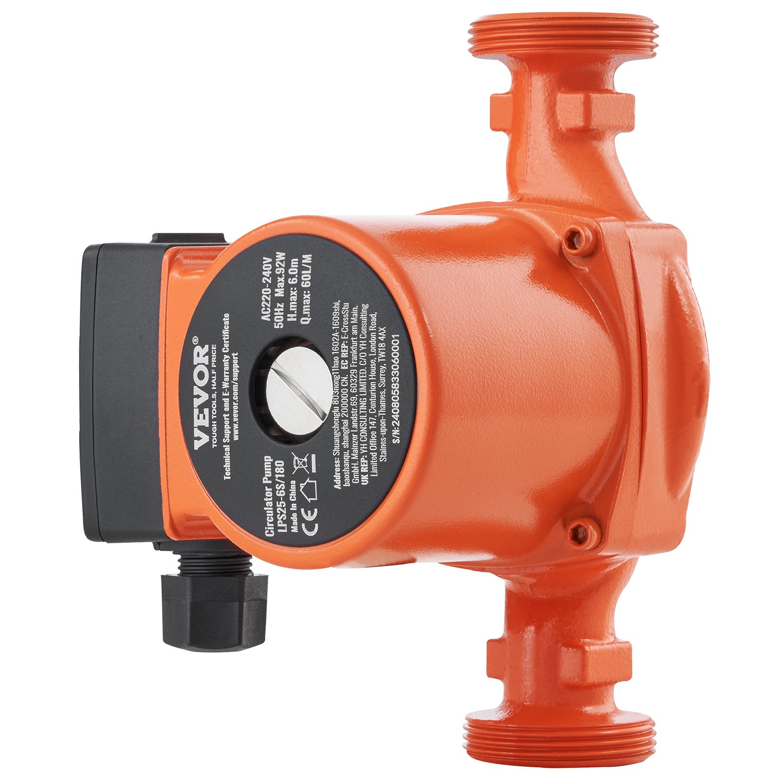 VEVOR LPS25-6S-180 Hot Water Recirculating Pump, 220V, 92W 60LPM Hot Water Circulation Pump, 38 mm(1.5") Threaded NPT 3-Speed Circulator Pump, Quiet Operation Circulator Pump for Home Water Heater System