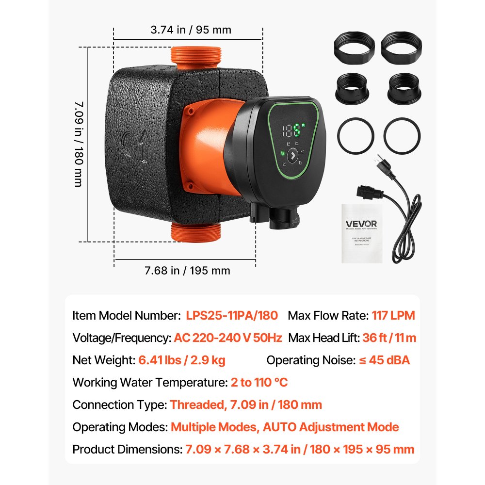 VEVOR LPS25-11PA/180 High Efficiency Circulator Pump, 117 LPM, 11 M Max Lift Cast Iron Hot Water Recirculating Circulation Pump, Threaded Connection, Check Valve, Quiet Operation, for Home Heating System