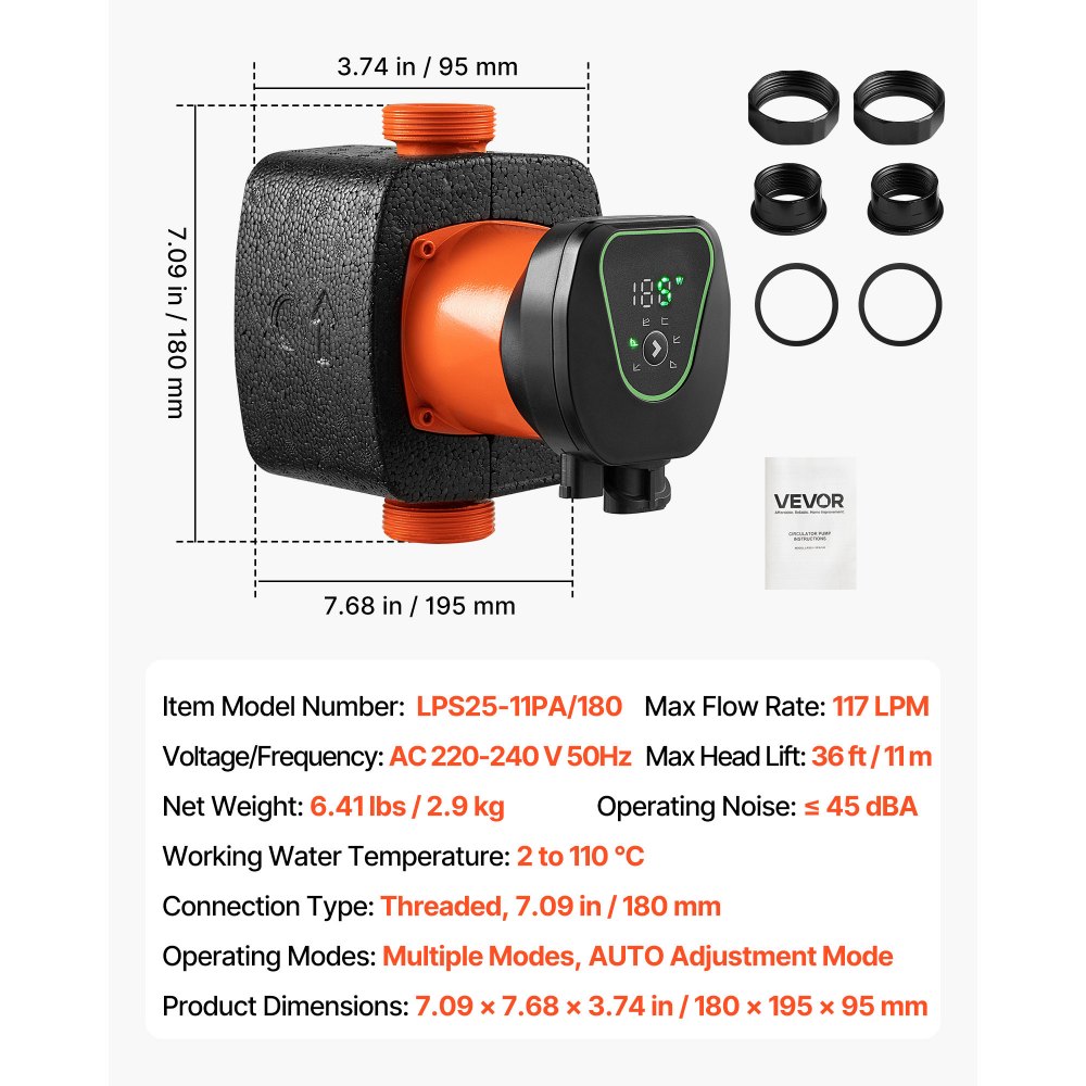 VEVOR LPS25-11PA/180 High Efficiency Circulator Pump, 117 LPM, 11 M Max Lift Cast Iron Hot Water Recirculating Circulation Pump, Threaded Connection, Check Valve, Quiet Operation, for Home Heating System