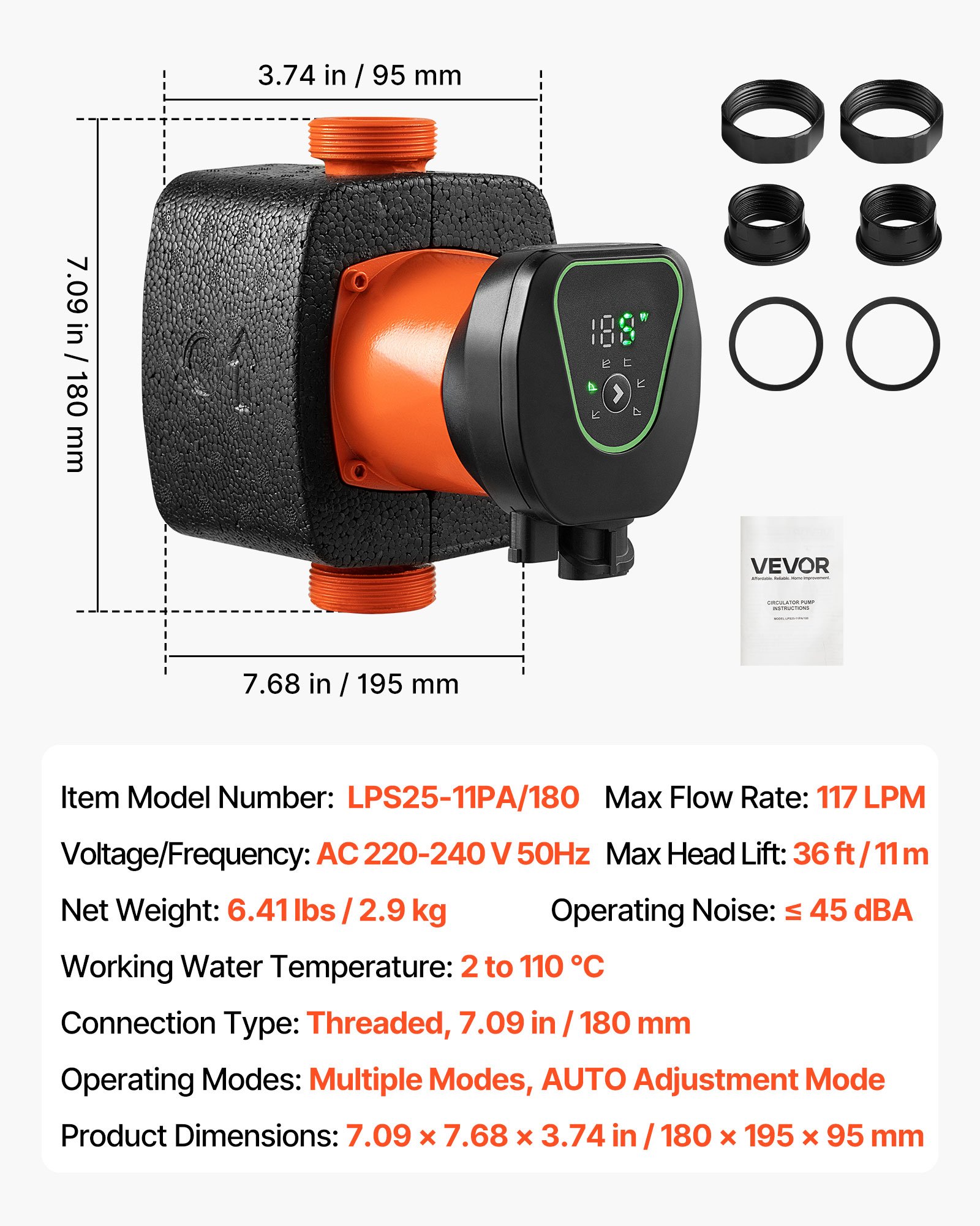 VEVOR LPS25-11PA/180 High Efficiency Circulator Pump, 117 LPM, 11 M Max Lift Cast Iron Hot Water Recirculating Circulation Pump, Threaded Connection, Check Valve, Quiet Operation, for Home Heating System