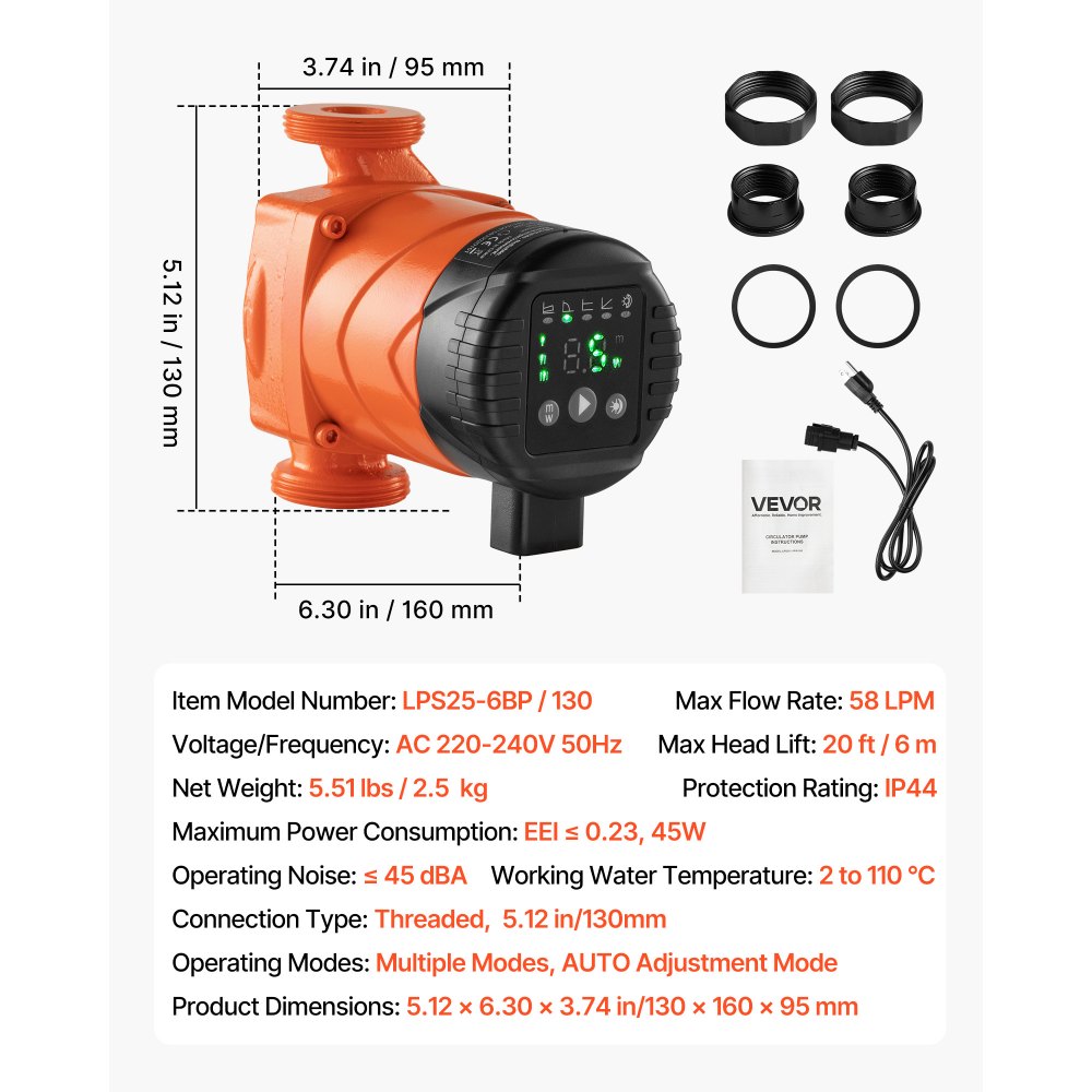 VEVOR LPS25-6BP/130 High Efficiency Circulator Pump, 58 LPM, 6 M Max Lift Cast Iron Hot Water Recirculating Circulation Pump, Threaded Connection, Quiet Operation, for Home Heating System