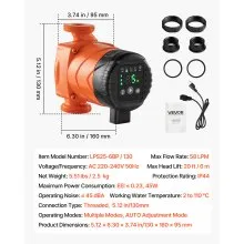 VEVOR LPS25-6BP/130 High Efficiency Circulator Pump, 58 LPM, 4 M Max Lift Cast Iron Hot Water Recirculating Circulation Pump, Threaded Connection, Check Valve, Quiet Operation, for Home Heating System