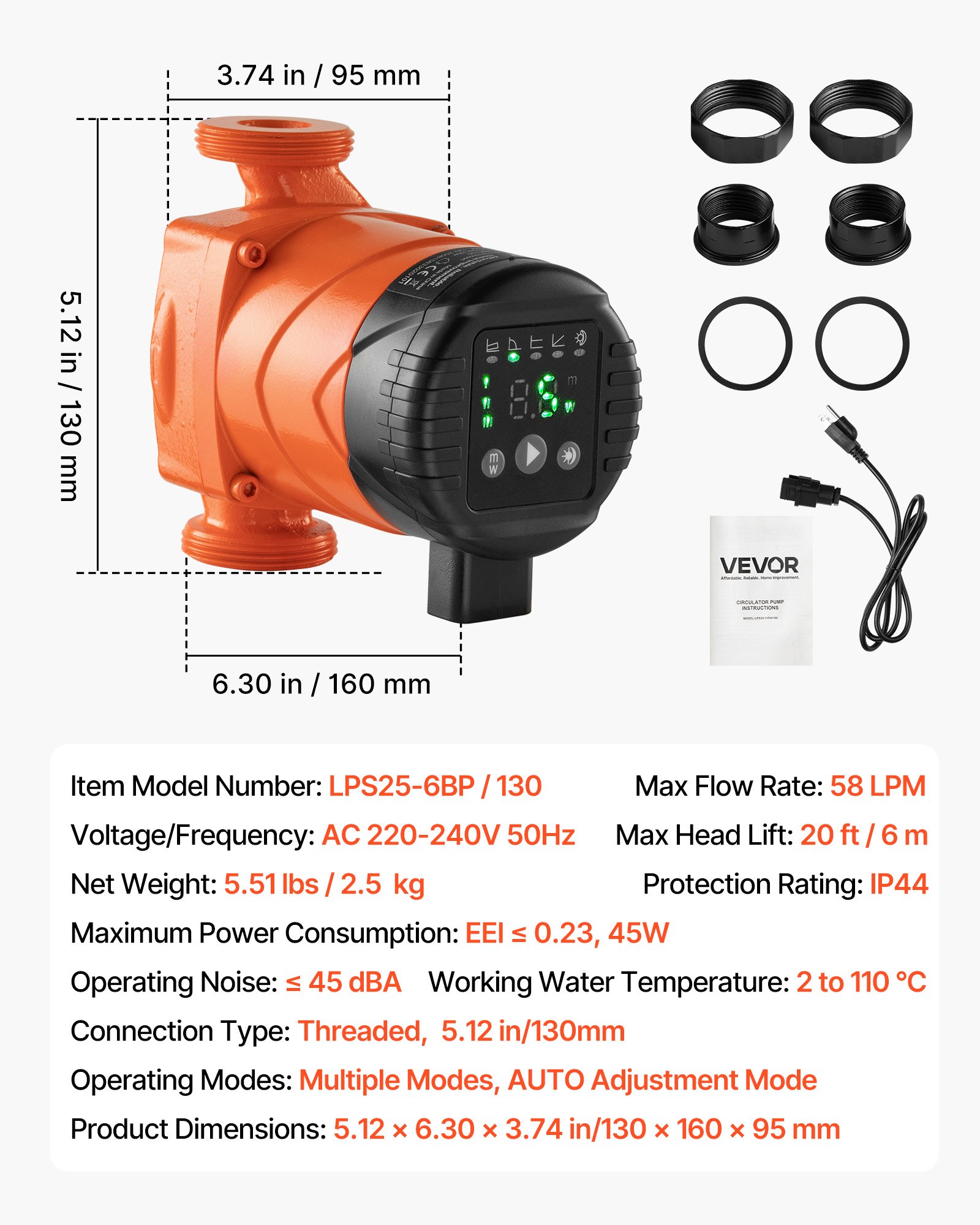 VEVOR LPS25-6BP/130 High Efficiency Circulator Pump, 58 LPM, 6 M Max Lift Cast Iron Hot Water Recirculating Circulation Pump, Threaded Connection, Quiet Operation, for Home Heating System