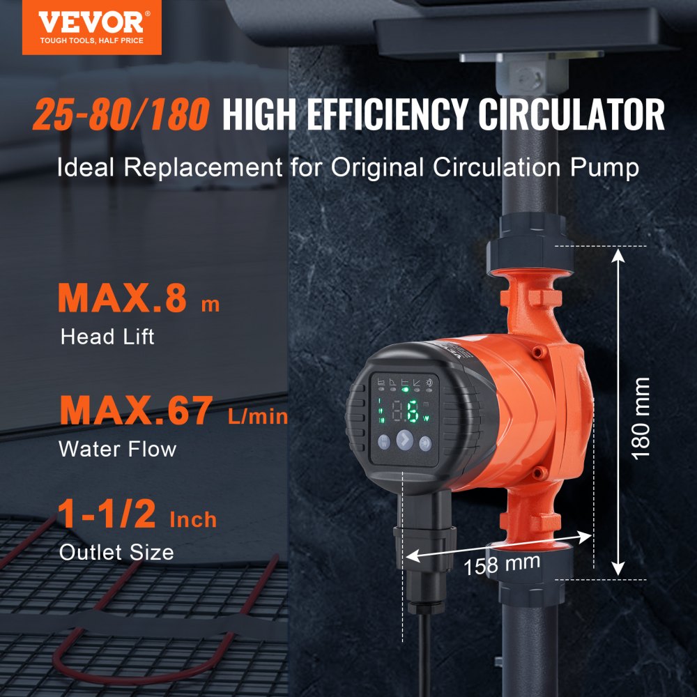 VEVOR LPS25-8BP-180 Hot Water Recirculating Pump, 220V, 60W 67 L/min High Efficiency Circulator Pump, EMC Automatic Water Circulation Pump 38 mm(1.5") Threaded NPT Circulator Pump for Water Heater System