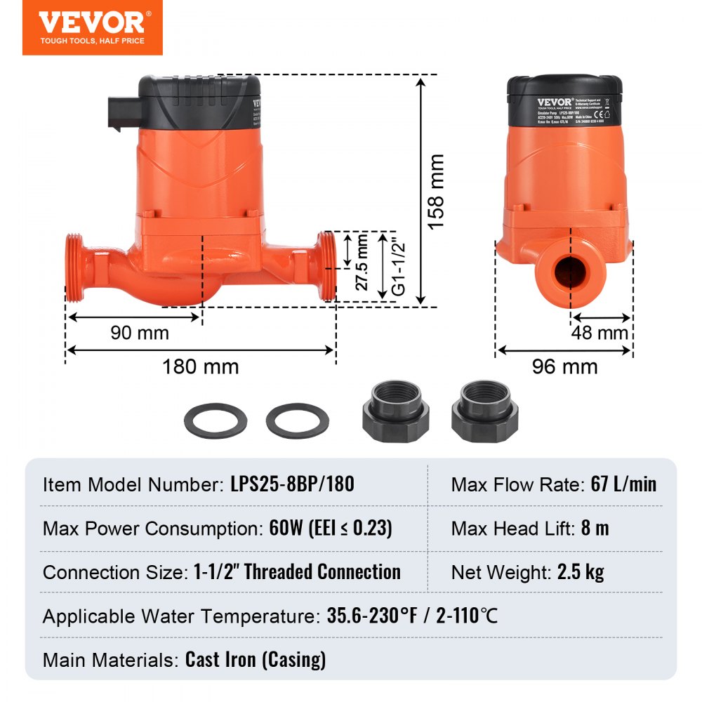 VEVOR LPS25-8BP-180 Hot Water Recirculating Pump, 220V, 60W 67 L/min High Efficiency Circulator Pump, EMC Automatic Water Circulation Pump 38 mm(1.5") Threaded NPT Circulator Pump for Water Heater System