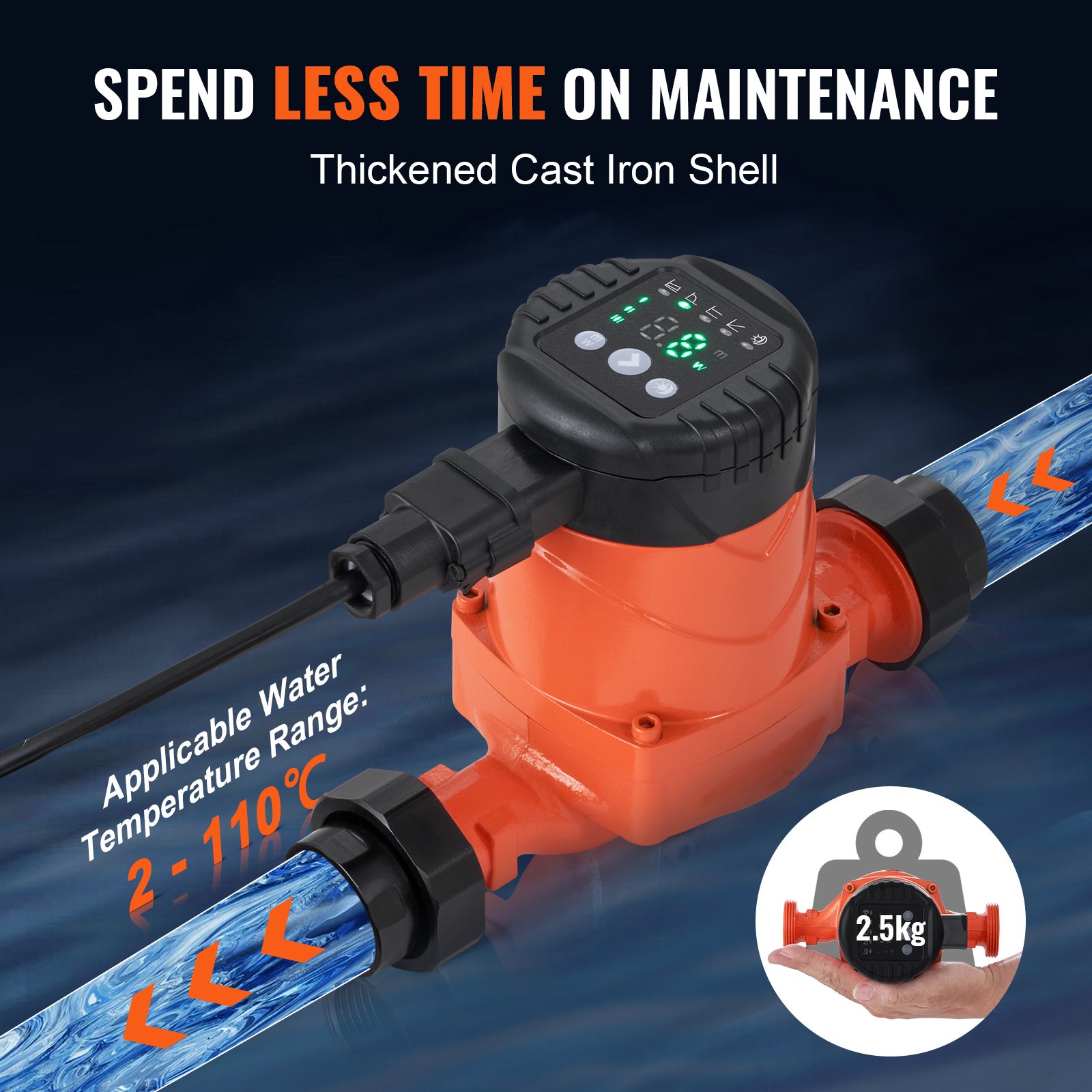 VEVOR LPS25-8BP-180 Hot Water Recirculating Pump, 220V, 60W 67 L/min High Efficiency Circulator Pump, EMC Automatic Water Circulation Pump 38 mm(1.5") Threaded NPT Circulator Pump for Water Heater System