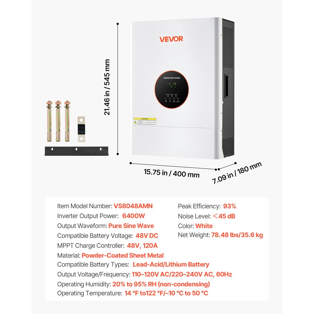 VEVOR 6000W 48V Hybrid Solar Inverter, 120V/240V Split Phase, Built-in 120A MPPT Solar Controller, Low Frequency Pure Sine Wave Power Inverter Charger, for Lead Acid Lithium Battery Off-Grid Systems