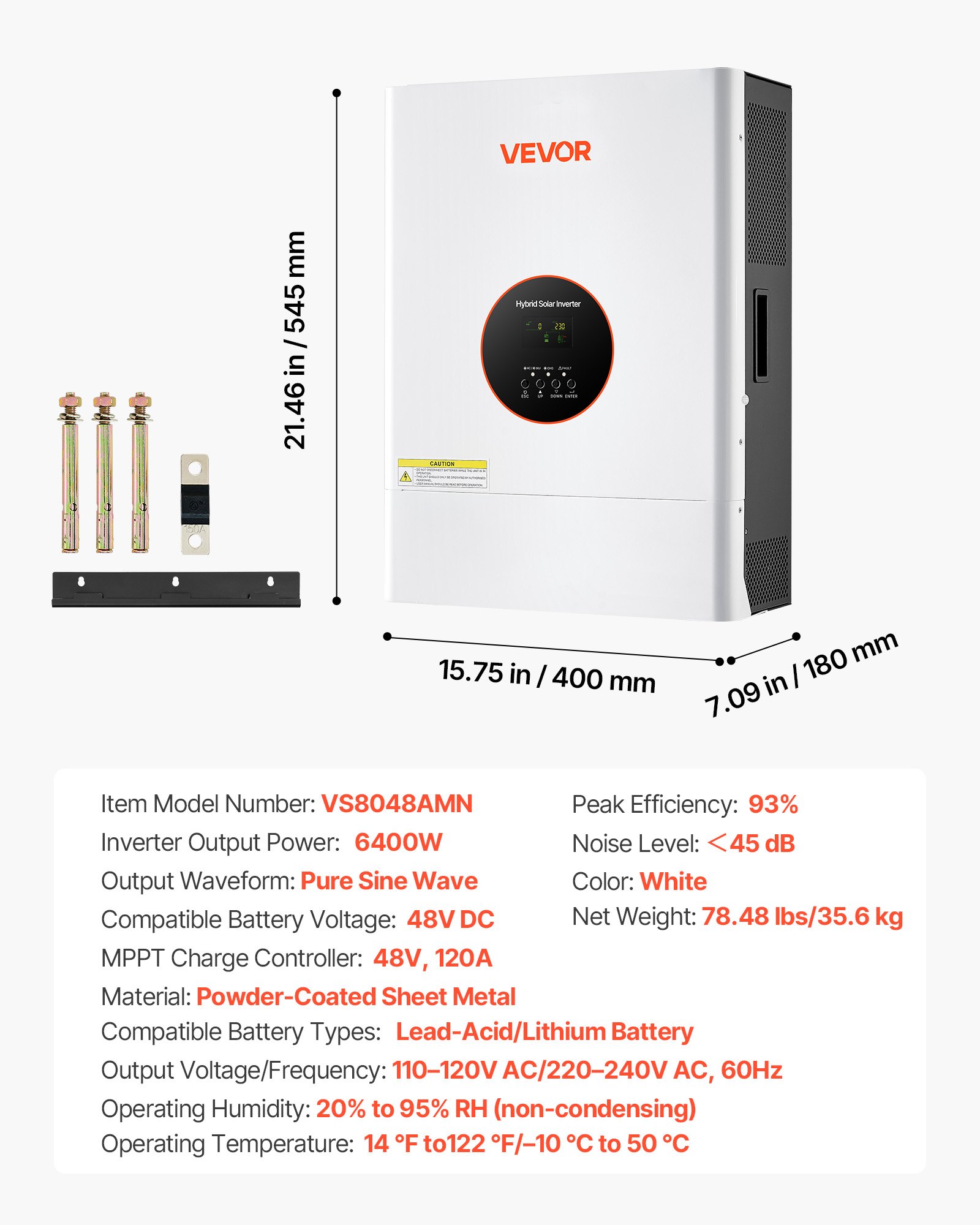 VEVOR 6000W 48V Hybrid Solar Inverter, 120V/240V Split Phase, Built-in 120A MPPT Solar Controller, Low Frequency Pure Sine Wave Power Inverter Charger, for Lead Acid Lithium Battery Off-Grid Systems