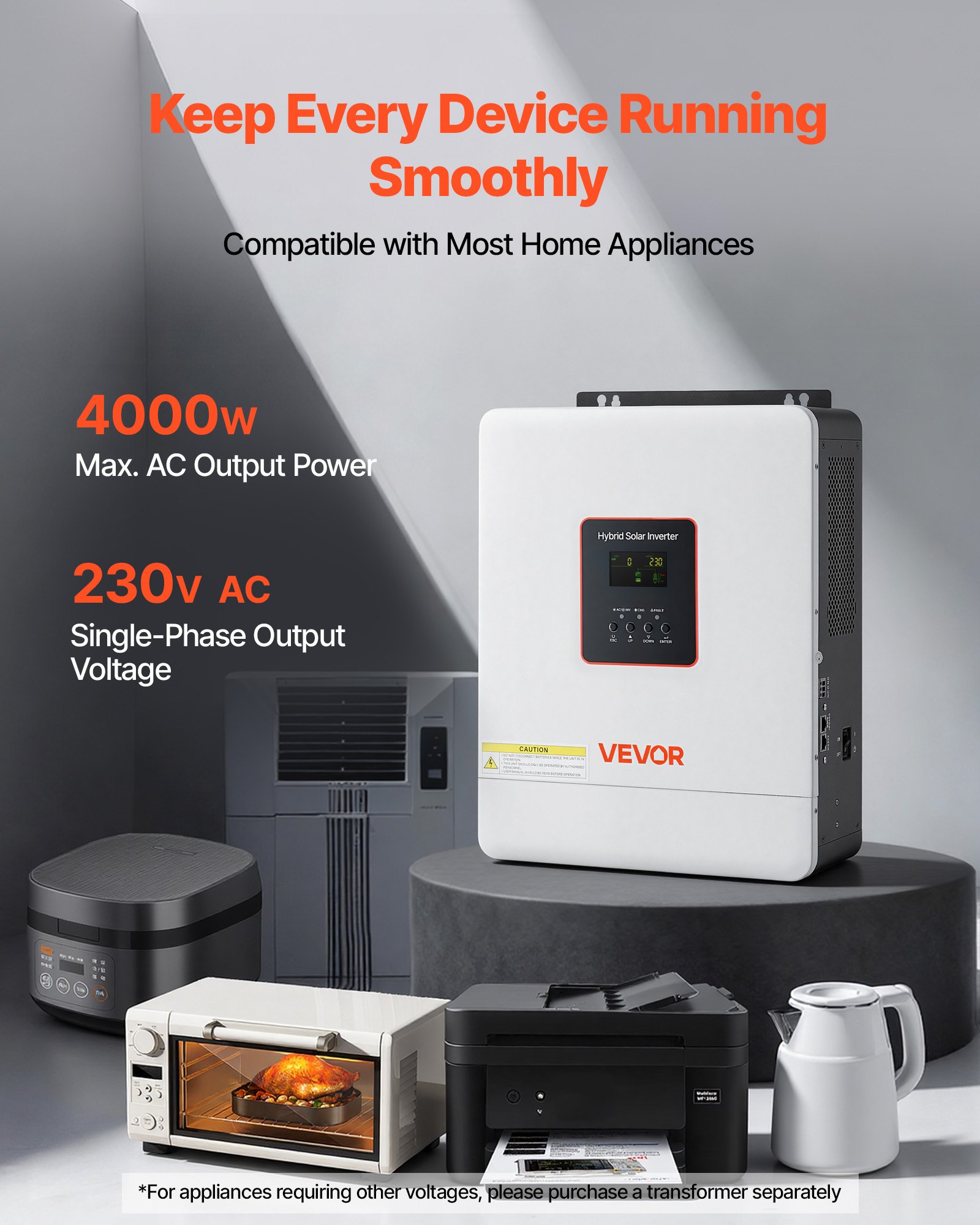 VEVOR 4000W Hybrid Solar Inverter, 24V DC to 230V AC, Pure Sine Wave Power Inverter Charger, with Built-in 120A MPPT Solar Controller, WiFi Module, Single-Phase, for Lead Acid Lithium Battery Off-Grid