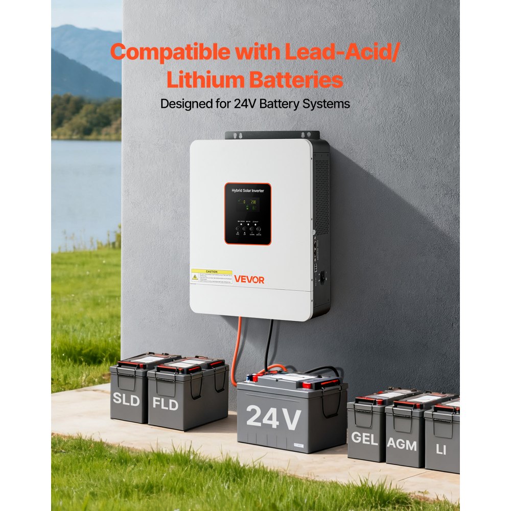 VEVOR 3000W Hybrid Solar Inverter, 24V DC to 230V AC, Pure Sine Wave Power Inverter Charger, Built-in 80A MPPT Solar Controller, Compatible with Lead Acid Lithium Battery, for Home, Camper, Off-Grid