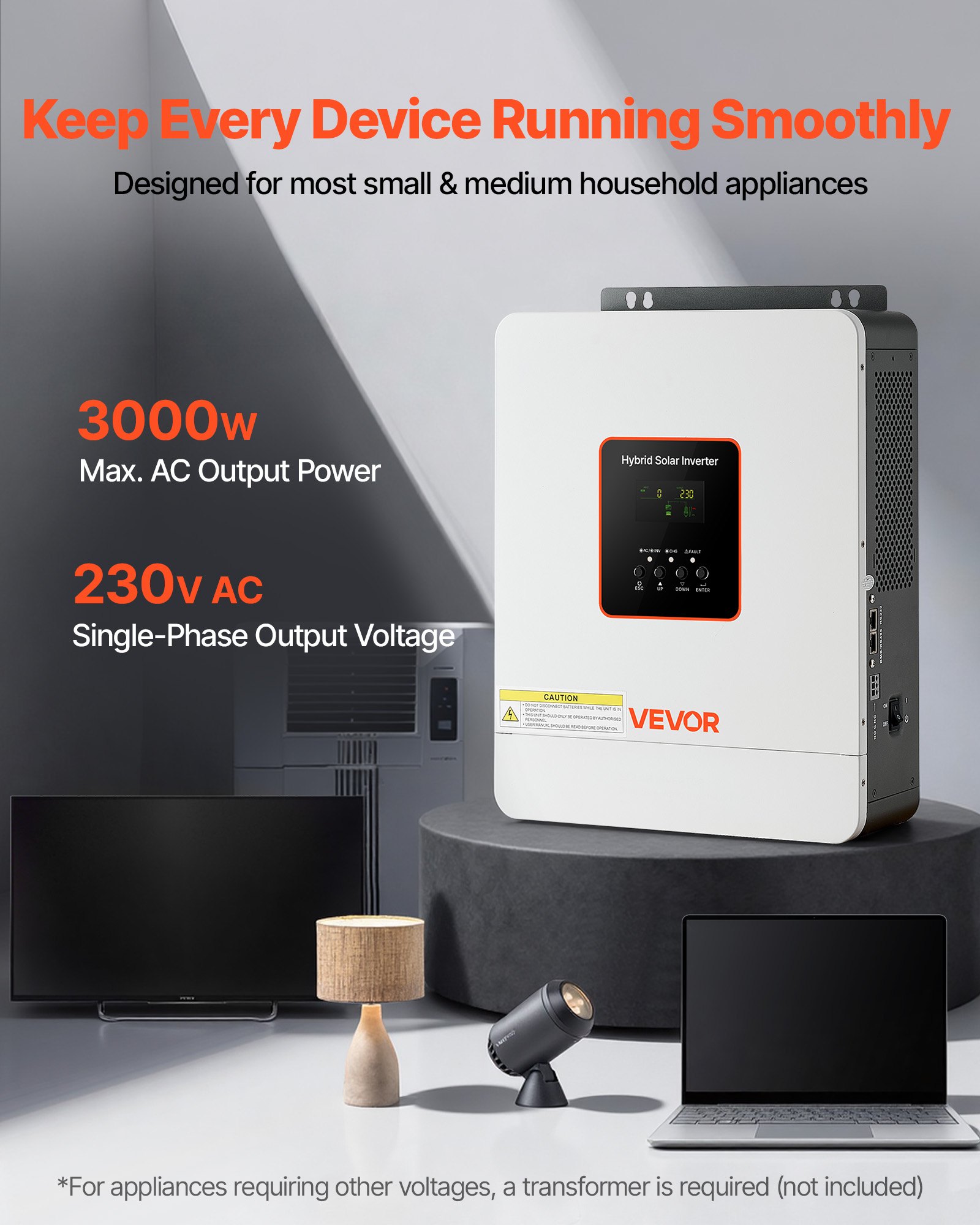 VEVOR 3000W Hybrid Solar Inverter, 24V DC to 230V AC, Pure Sine Wave Power Inverter Charger, Built-in 80A MPPT Solar Controller, Compatible with Lead Acid Lithium Battery, for Home, Camper, Off-Grid