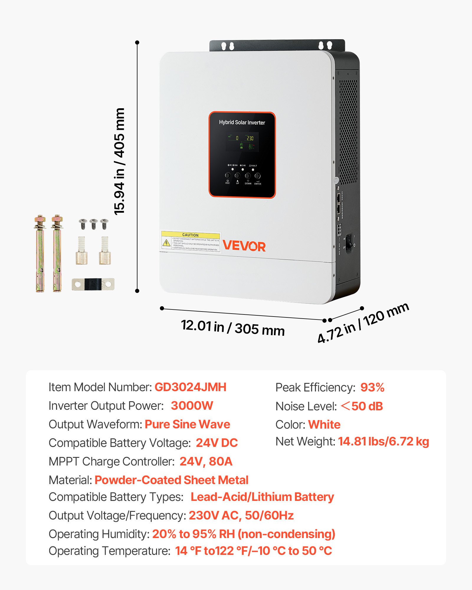 VEVOR 3000W Hybrid Solar Inverter, 24V DC to 230V AC, Pure Sine Wave Power Inverter Charger, Built-in 80A MPPT Solar Controller, Compatible with Lead Acid Lithium Battery, for Home, Camper, Off-Grid