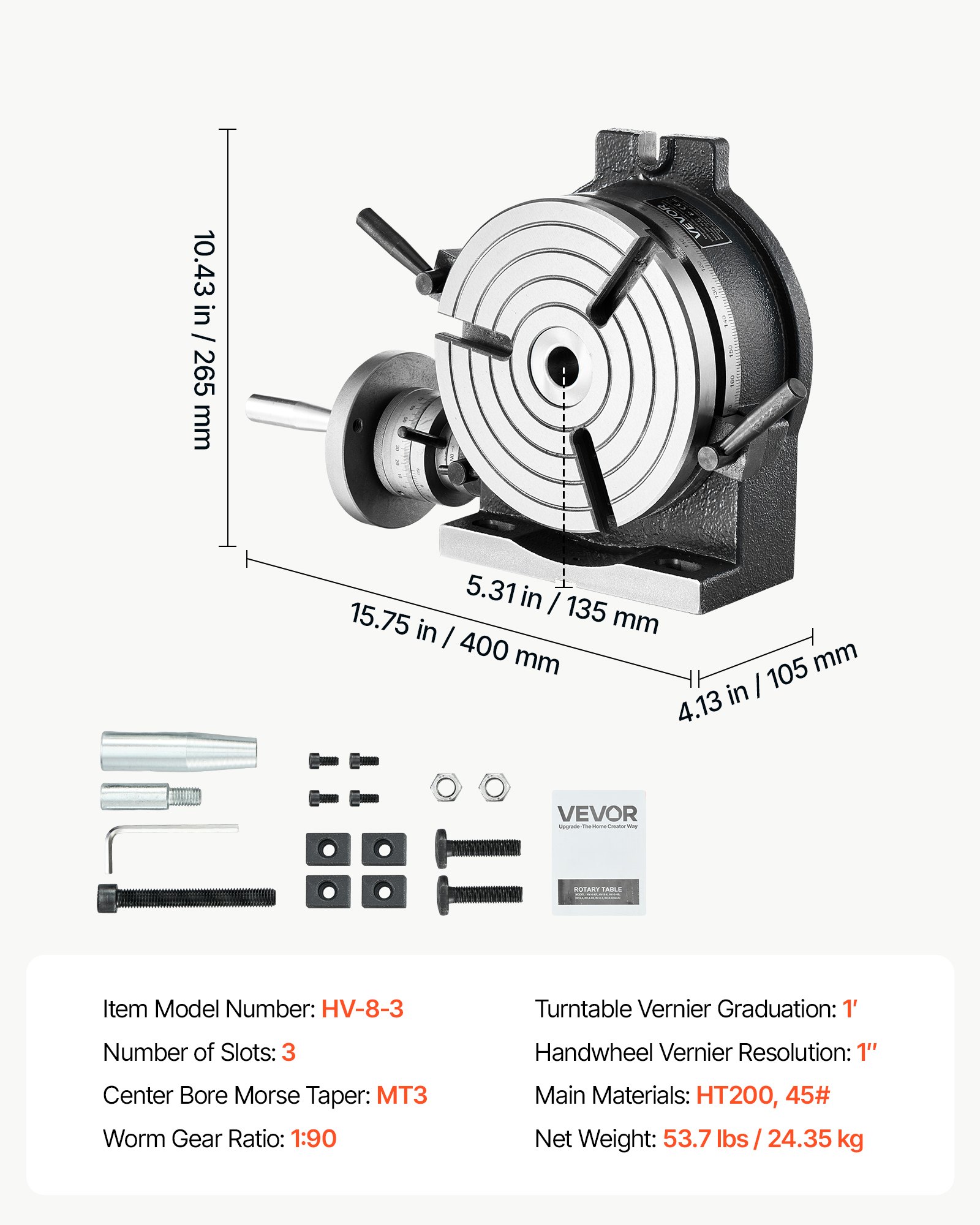 VEVOR Horizontal Vertical Rotary Table 200 mm Precision Milling Rotary Table, with T-Slot & Graduated Scale, Worm Gear Adjustment, Cast Iron, Precision Indexing, for Milling Machines & Drill Presses