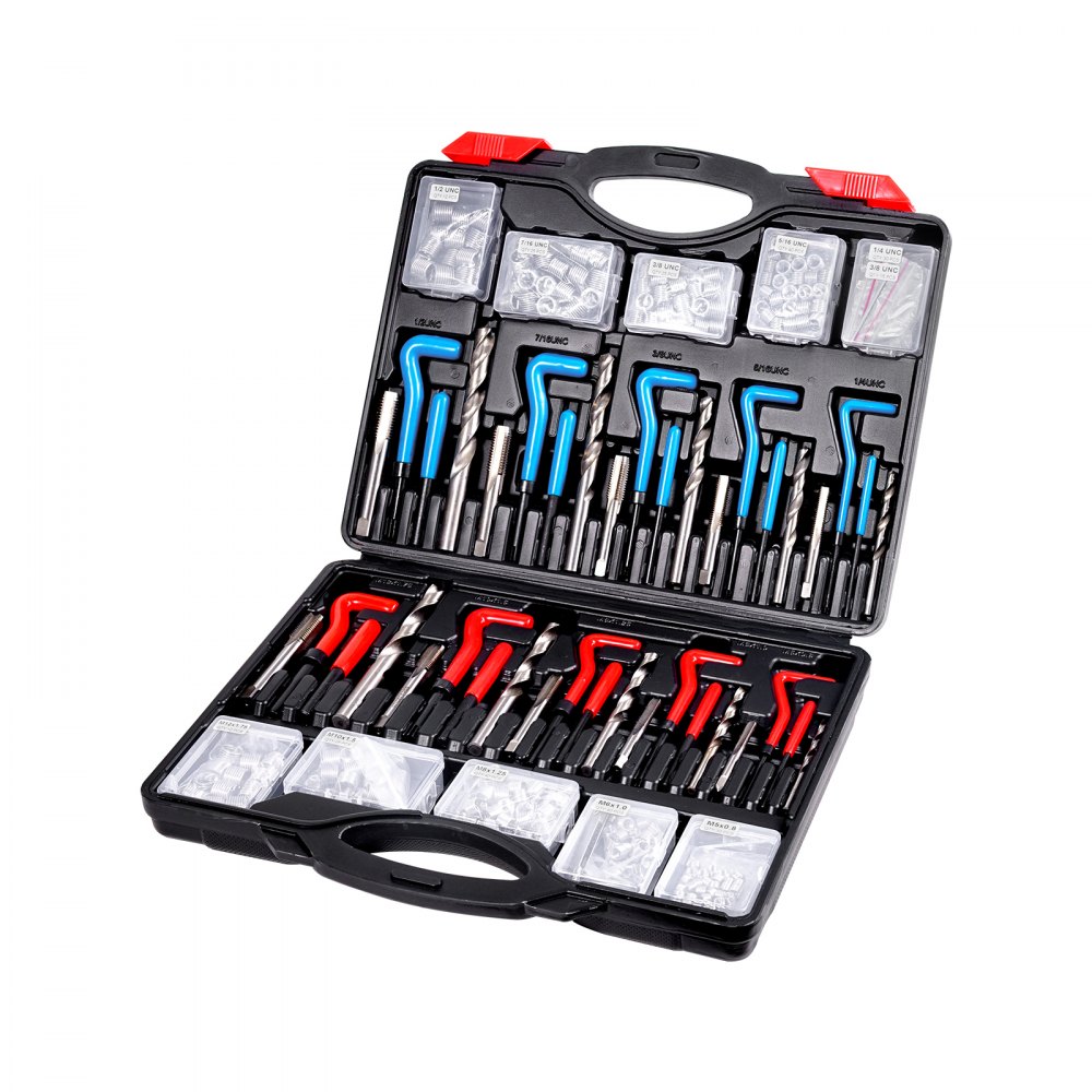VEVOR Helicoil Thread Repair Kit, 338-Piece SAE and Metric Rethreading Tool Kit, M5, M6, M8, M10, M12, 1/4", 5/16", 3/8", 7/16", 1/2", HSS Drill Bits Thread Inserts Taps Breakoff Installation Tools