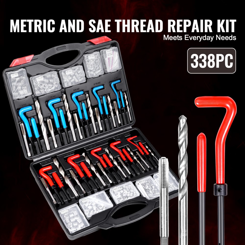 VEVOR Helicoil Thread Repair Kit, 338-Piece SAE and Metric Rethreading Tool Kit, M5, M6, M8, M10, M12, 1/4", 5/16", 3/8", 7/16", 1/2", HSS Drill Bits Thread Inserts Taps Breakoff Installation Tools